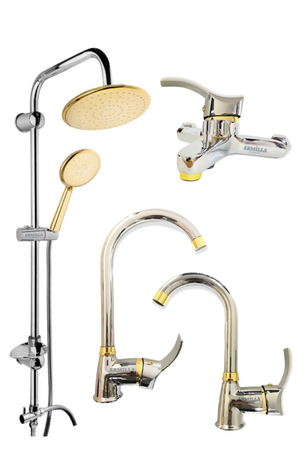 ARMİLLA ARMATÜR 4’lü Lüx Full Set Krom Gold Robot Duş Seti Banyo Mutfak Ve Lavabo Musluğu Bataryası