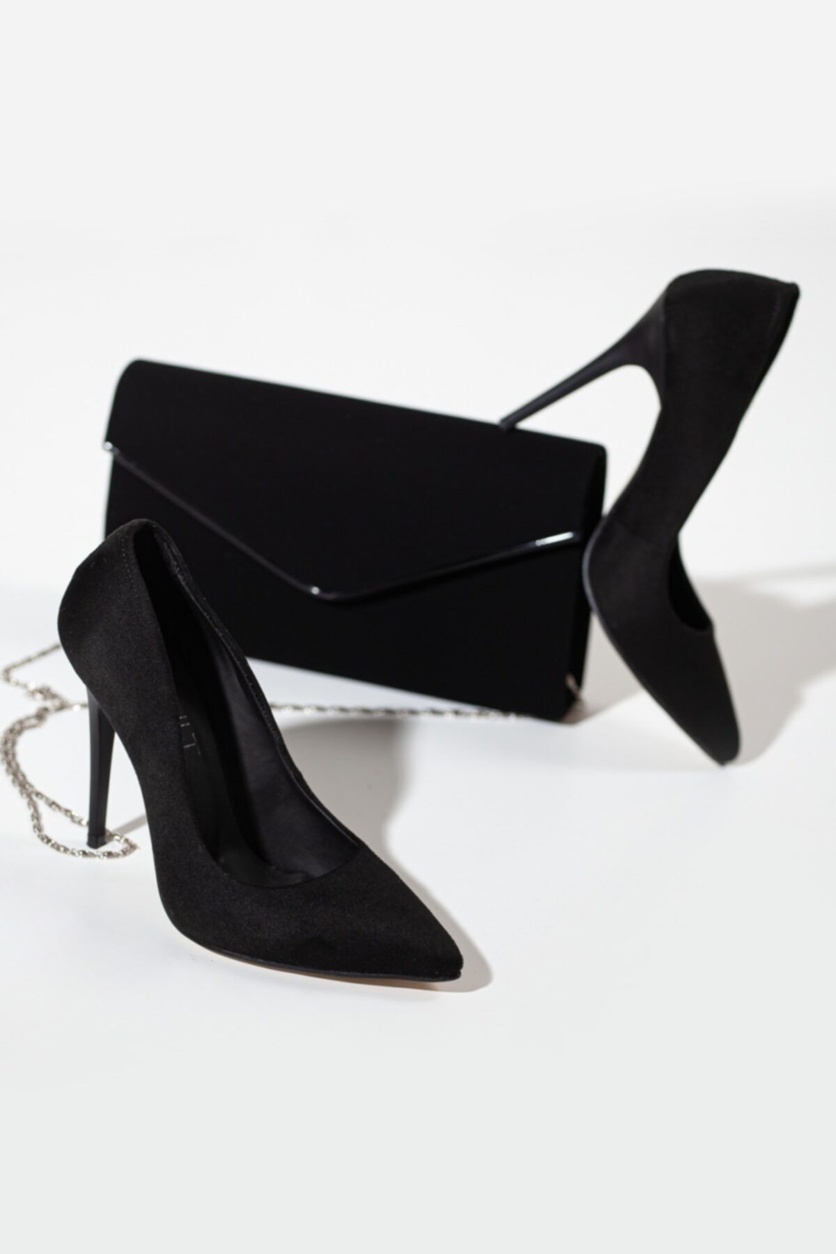 Lumis Shoes Kadın Siyah Süet Yüksek Topuklu Stiletto Ve Çanta Takımı Siyah Süet Kombin