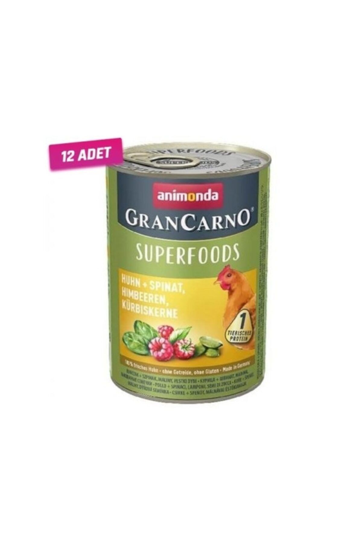 Animonda 12 Adet - Gran Carno Superfoods Tavuk Ispanak Ve Ahududulu Yetişkin Köpek Konservesi 400 Gr