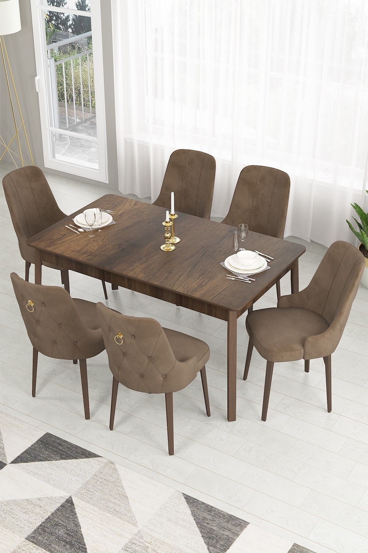 Canisa Concept Canisa Lav Serisi Sabit 80x130 Ceviz Ahşap Desenli Mutfak Masa Takımı+6kahve Sandalye