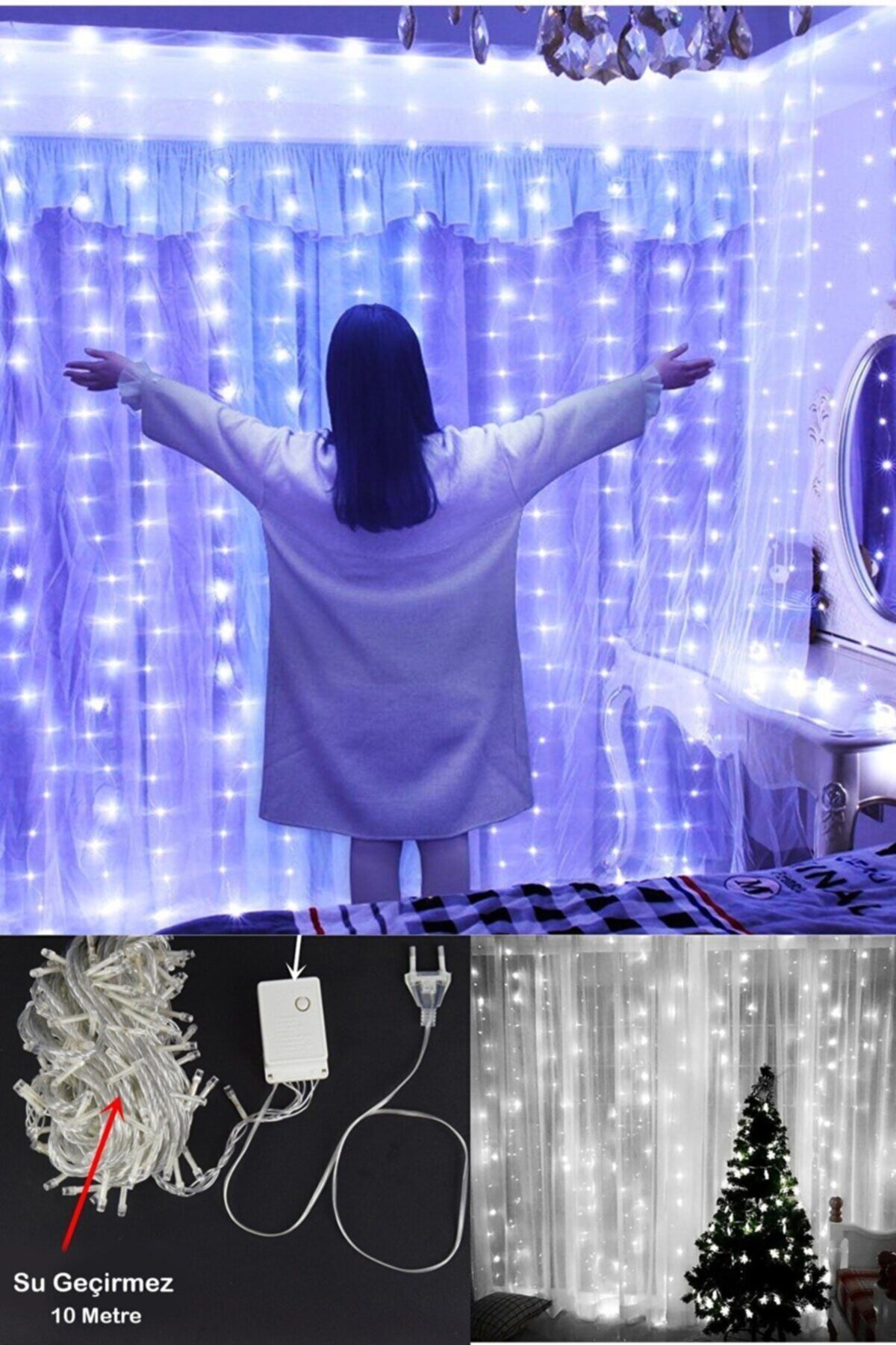 QNİAY 10 Metre Beyaz 8 Fonksiyonlu Led Dekor Led Dekoratif Dış Mekan Ledi Işığı Yılbaşı Ağaç Süsü