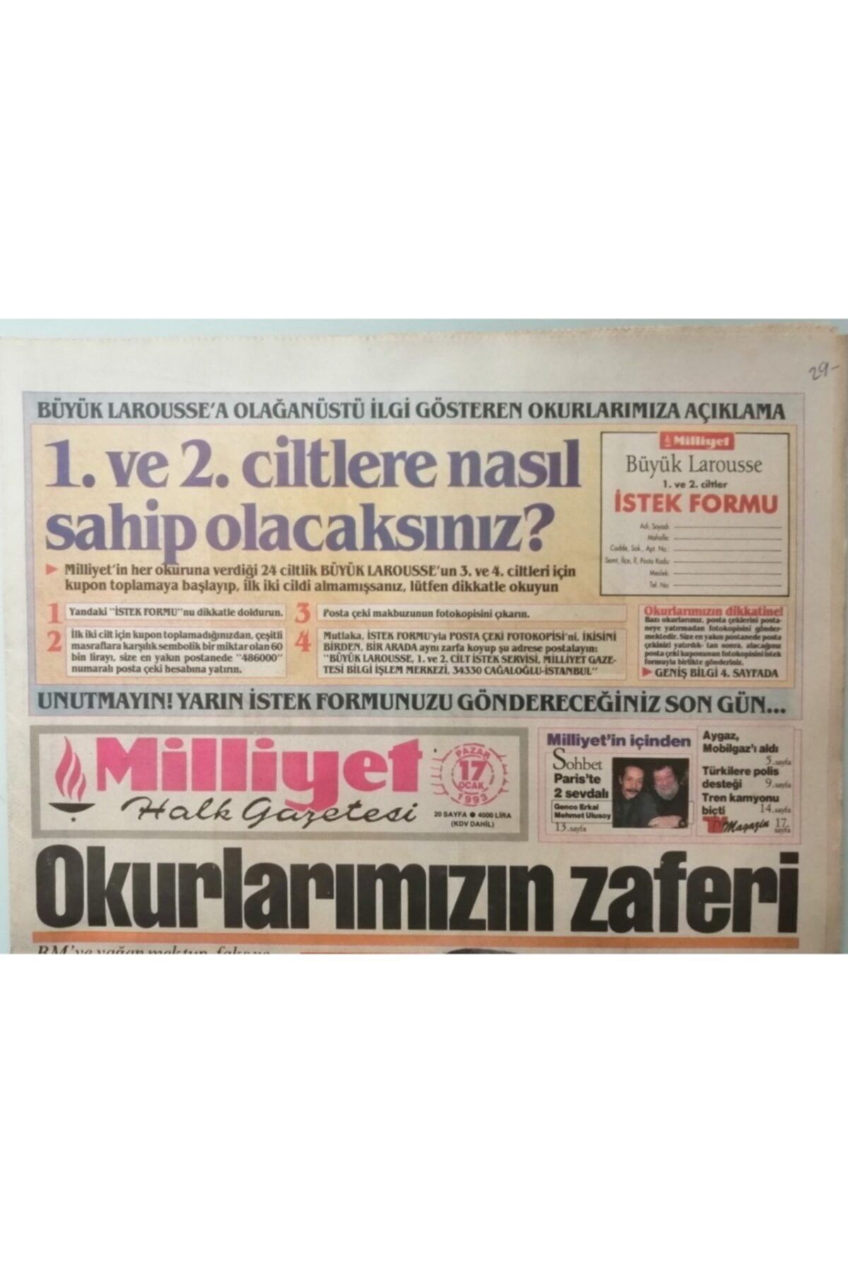 Gökçe Koleksiyon Milliyet Gazetesi 17 Ocak 1993 Çiller: Uyum Içinde Çalışıyoruz -gz33243