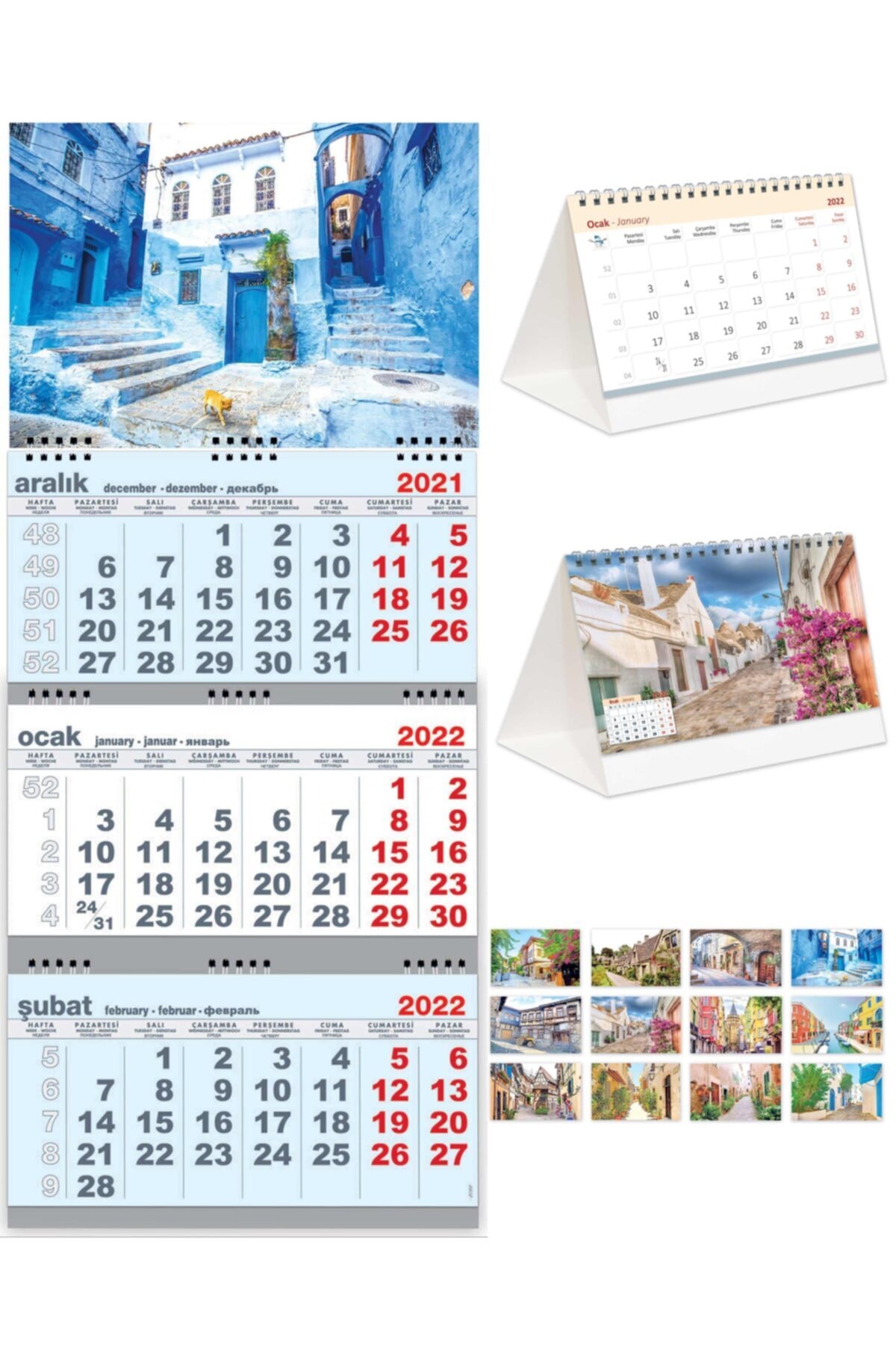 StickerArt 2022 Büyük Boy Gemici Takvimi Mavi + Sokaklar Piramit Takvimi