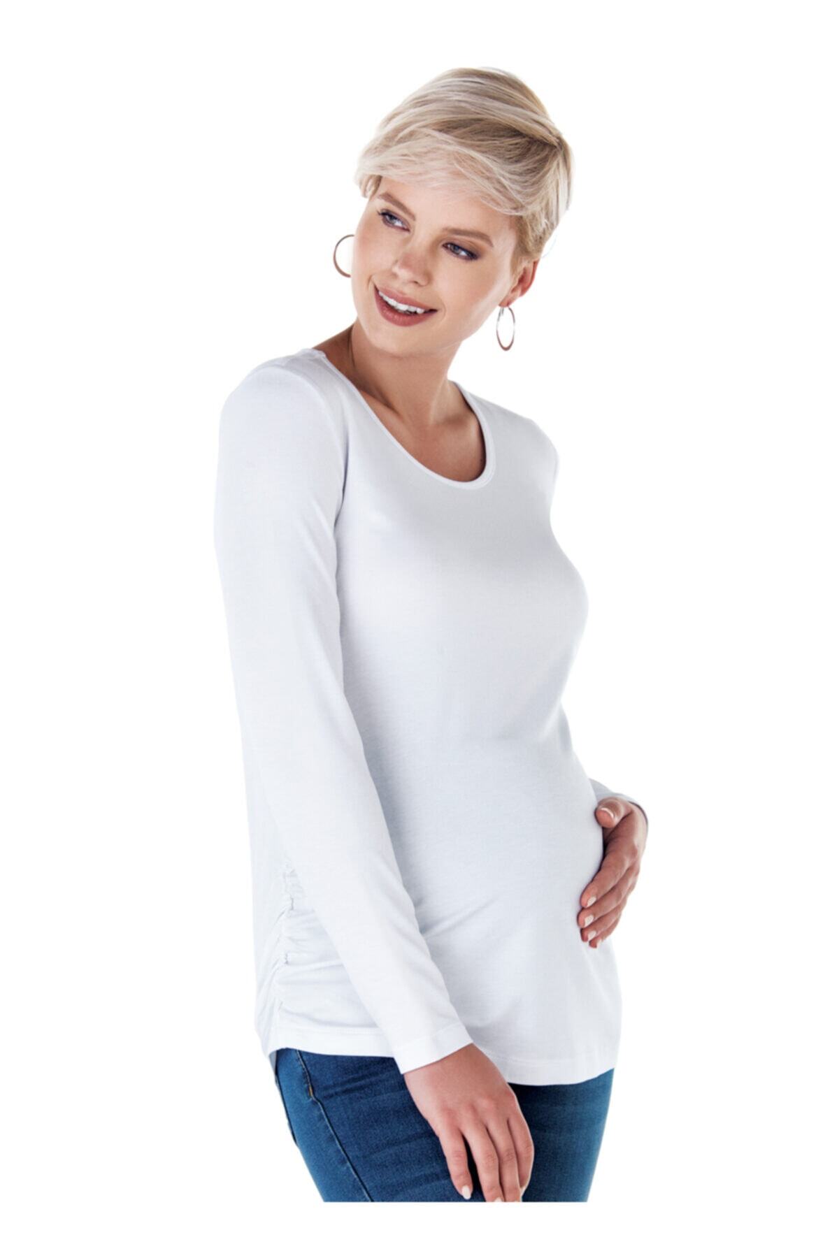 Ebru Maternity 4256 - Yuvarlak Yaka Beyaz Hamile Tişörtü