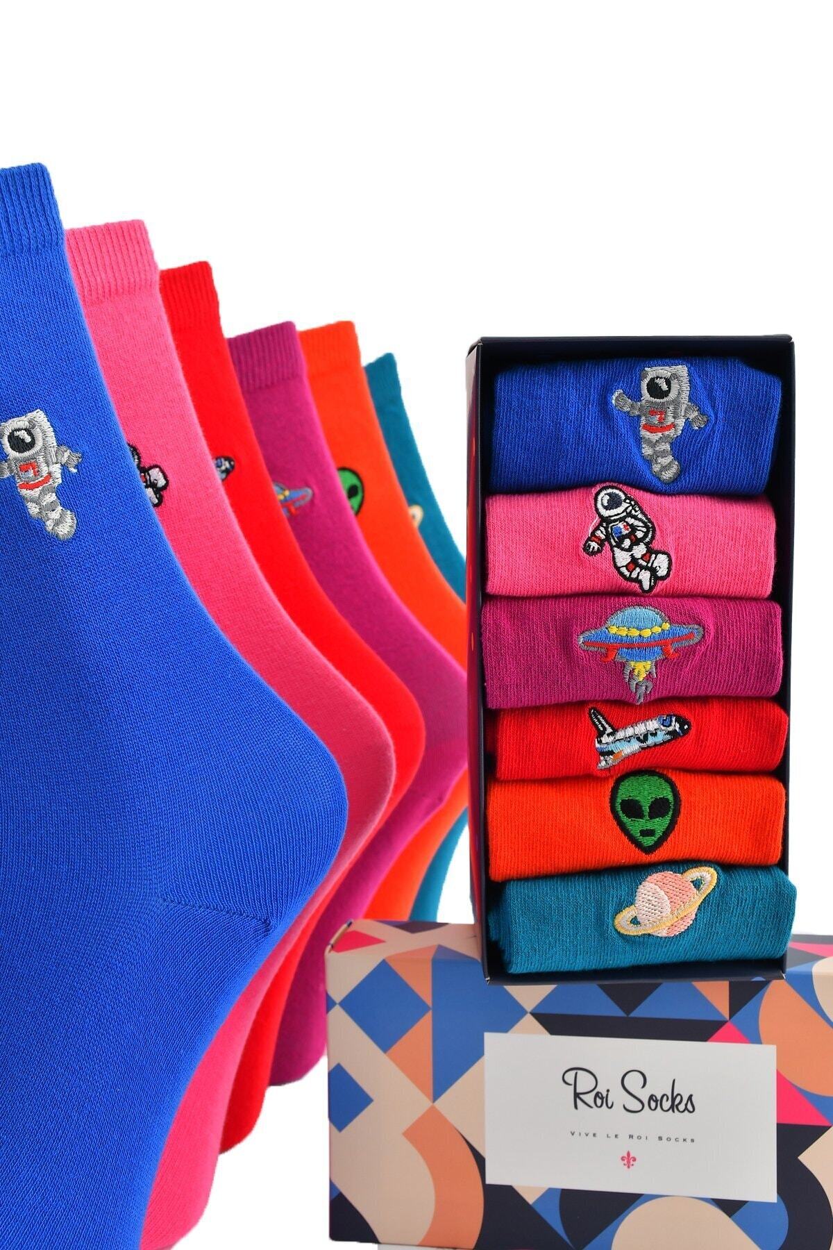 Roi Socks Nakışlı Ufo Desenli Renkli Altılı Soket Set