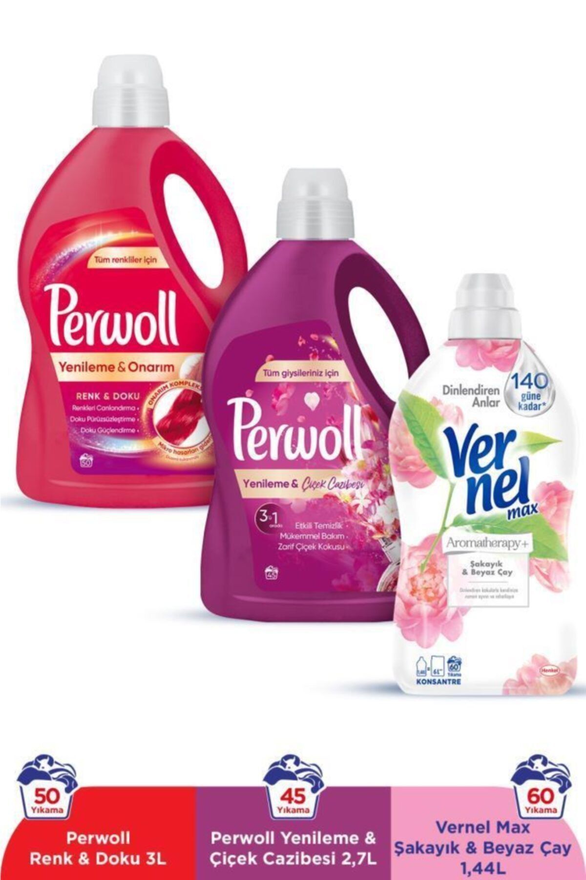 Perwoll Hassas Bakım Sıvı Çamaşır Deterjanı 2 x 3L(95Yıkama) Renkli+Çiçek Cazibesi+Vernel Max 1440ml Şakayık