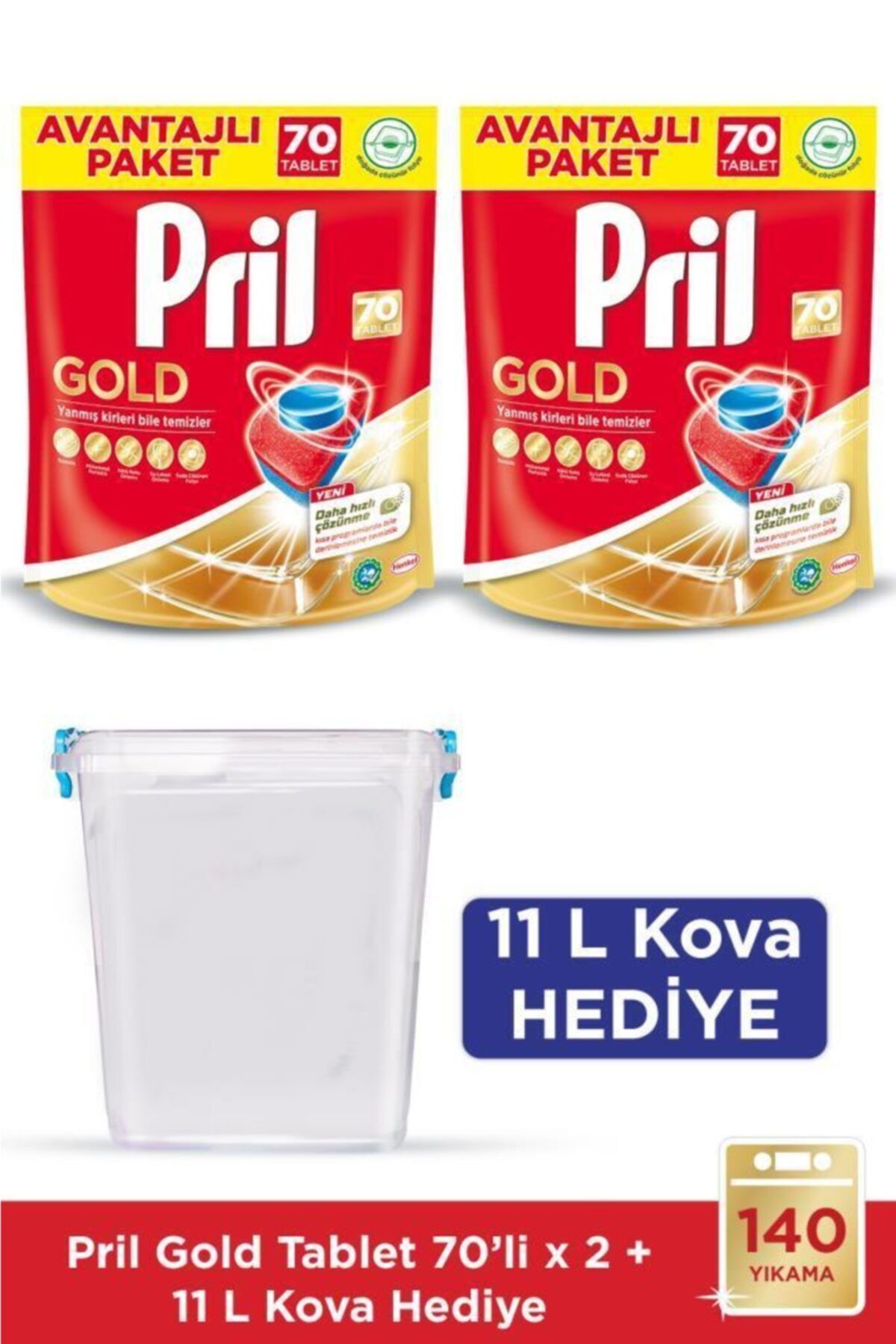Pril Gold 140 Yıkama Bulaşık Makinesi Deterjanı (2 x 70'li Paket) + Kova Hediye