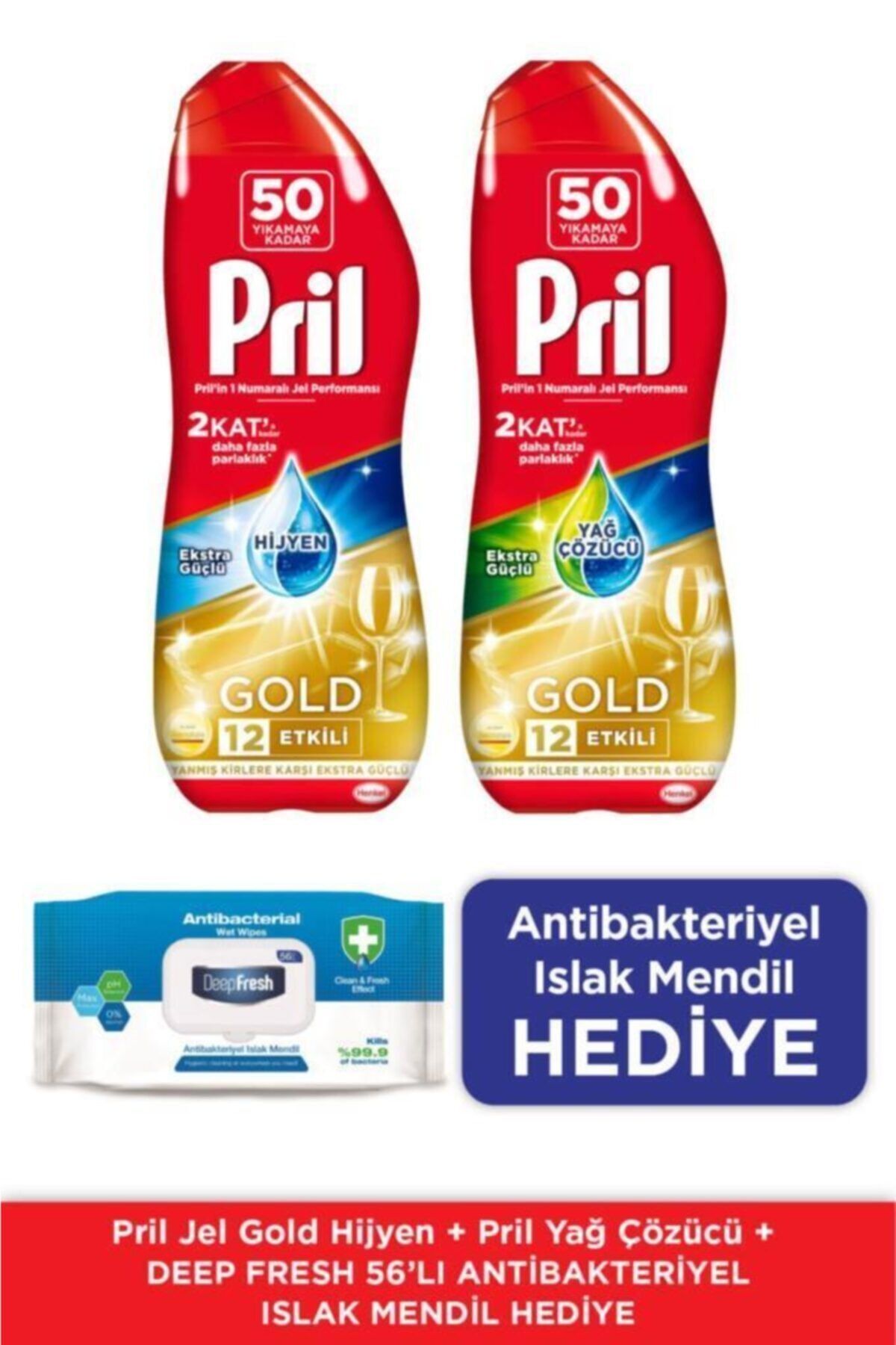 Pril Gold Jel Bulaşık Makinesi Deterjanı 2x900ml (100 Yıkama) Hijyen+Yağ Çözücü+Antibak. Islak Mendil Hed