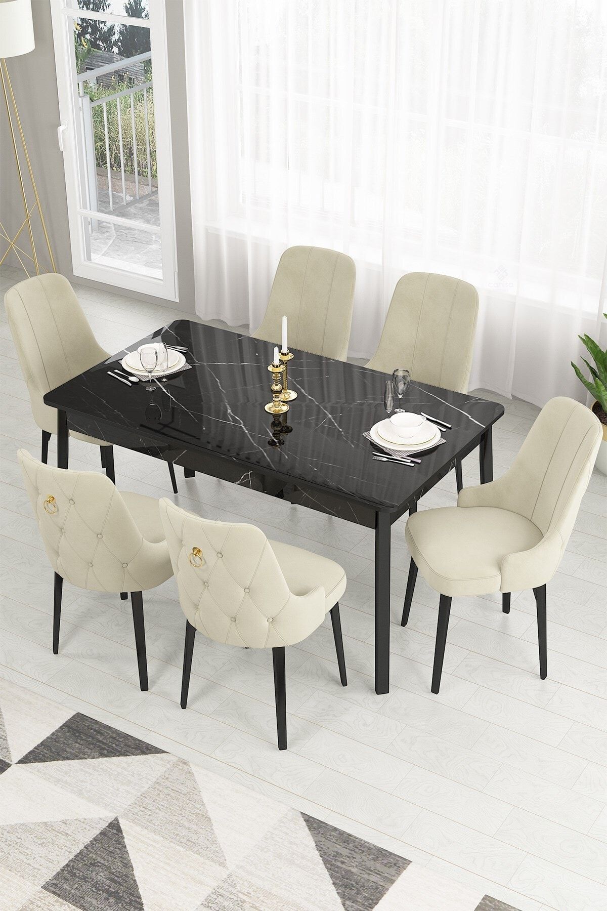 Canisa Concept Canisa Lav Serisi Sabit 80x130 Siyah Mermer Desenli Masa Takımı+6krem Sandalye