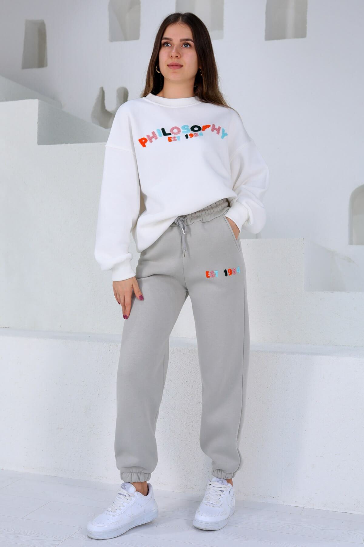 Cappmoda Tkm-03229 Gri Renkli Nakış Yazılı Ikili Takım