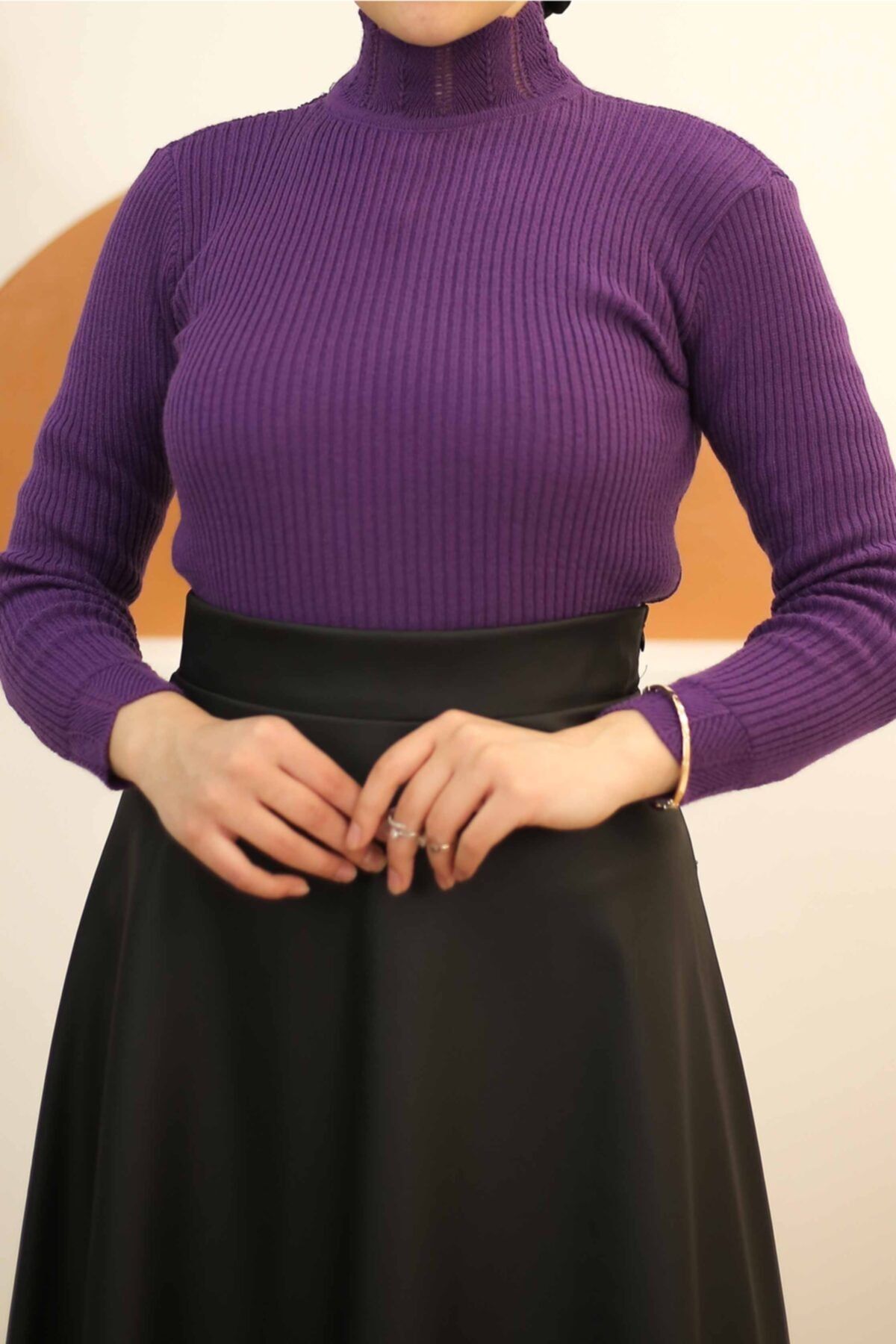 İmajButik Dantelli Yarım Boğaz Triko Kazak/mor