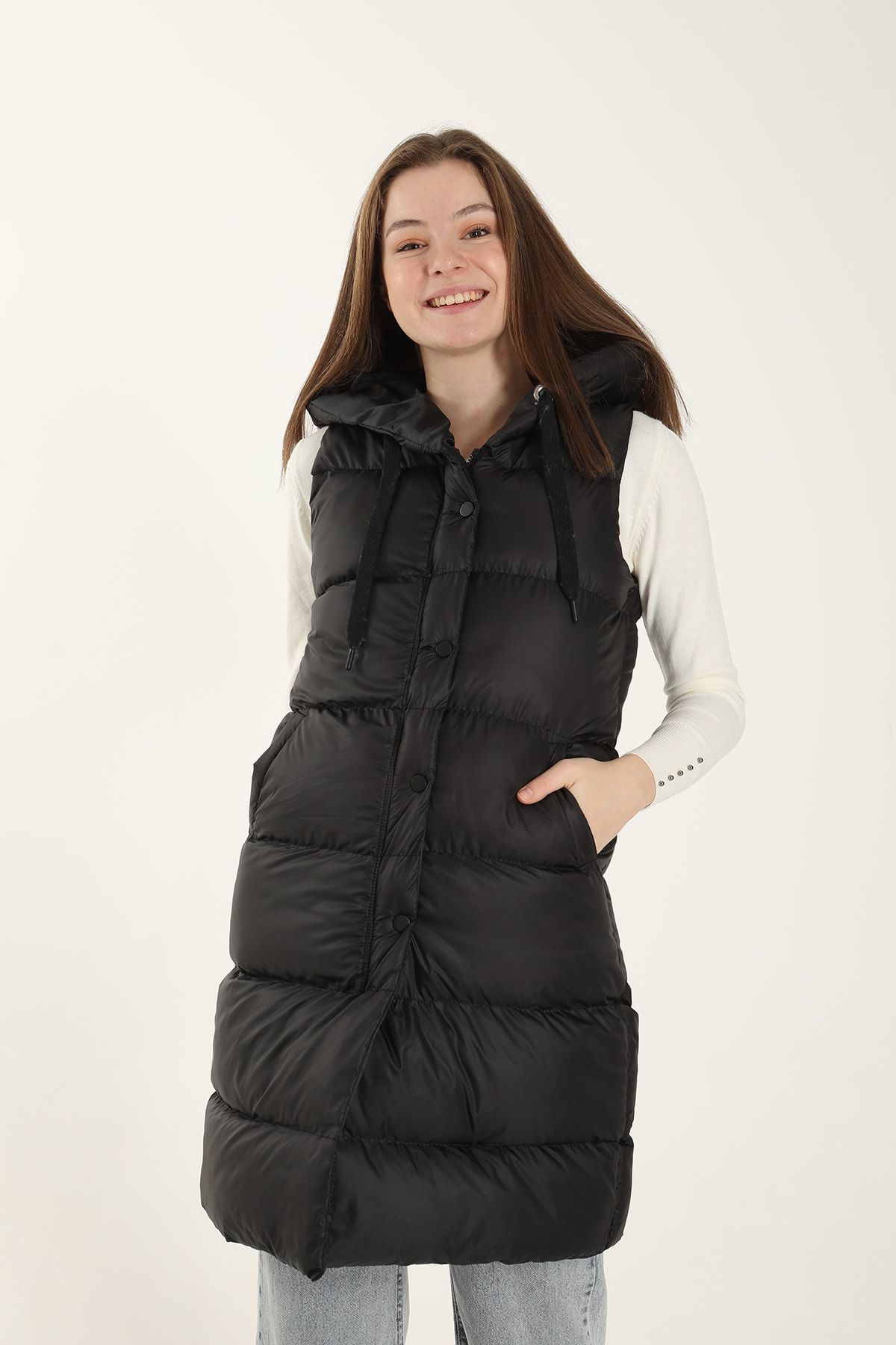 Rays Kapüşonlu Oversize Şişme Yelek Siyah