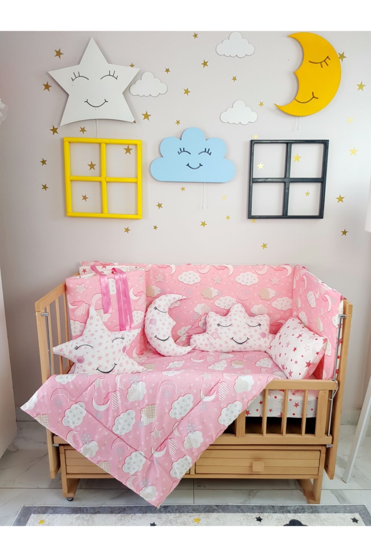 AYSHE CONCEPT 60x120 Pembe Bulutlu Bebek Uyku Seti 9 Parça (5505)