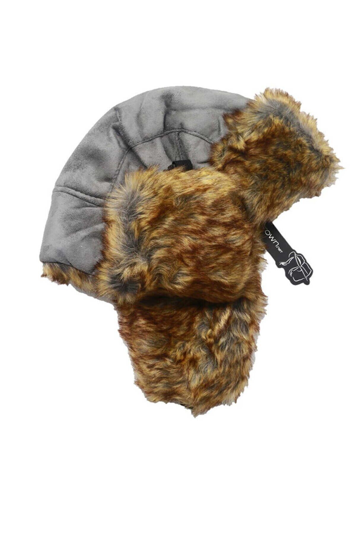 Dilem Accessories Gri Kürklü Nubuk Kalpak Pilot Bere