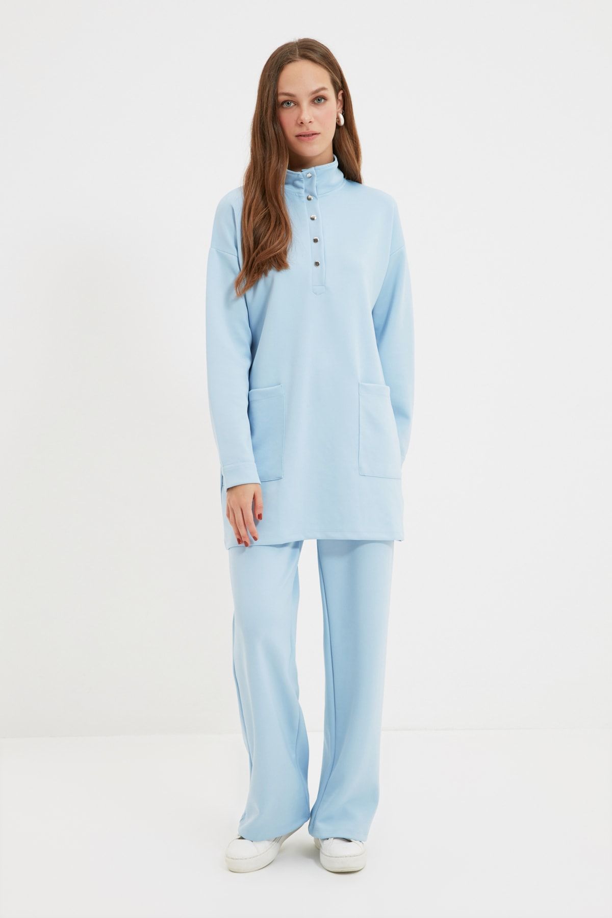 Trendyol Modest Mavi Dik Yaka Cepli Örme Scuba Alt-Üst Takım TCTAW22US0068