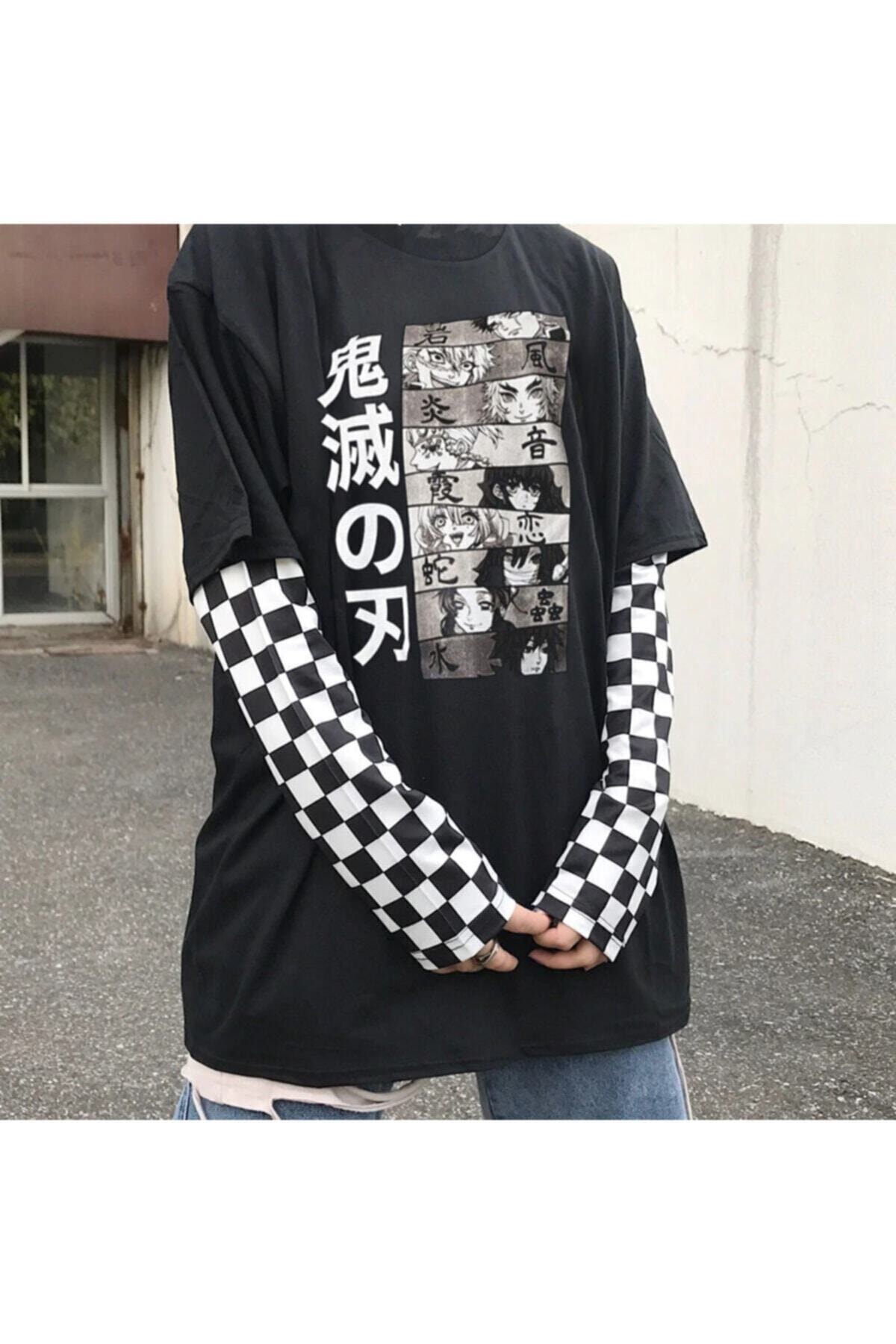 Köstebek Anime Demon Slayer - Kimetsu No Yaba Nine Pillars Unisex Damalı Kollu T-shirt