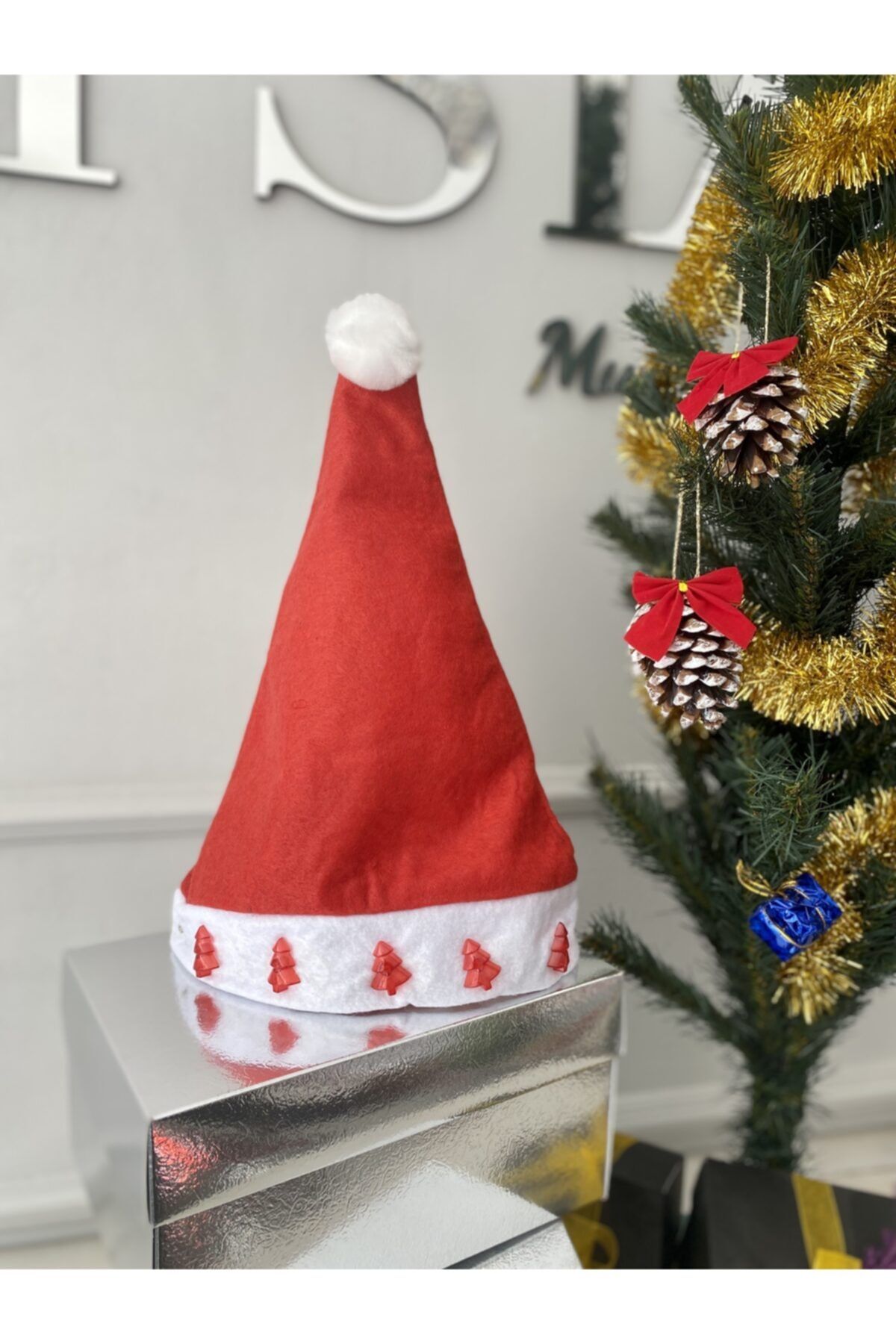 Elysian Yılbaşı Şapkası Kırmızı Işıklı Noel Baba Şapkası 2 Adet Yılbaşı Süsleri Elyaf Şapka