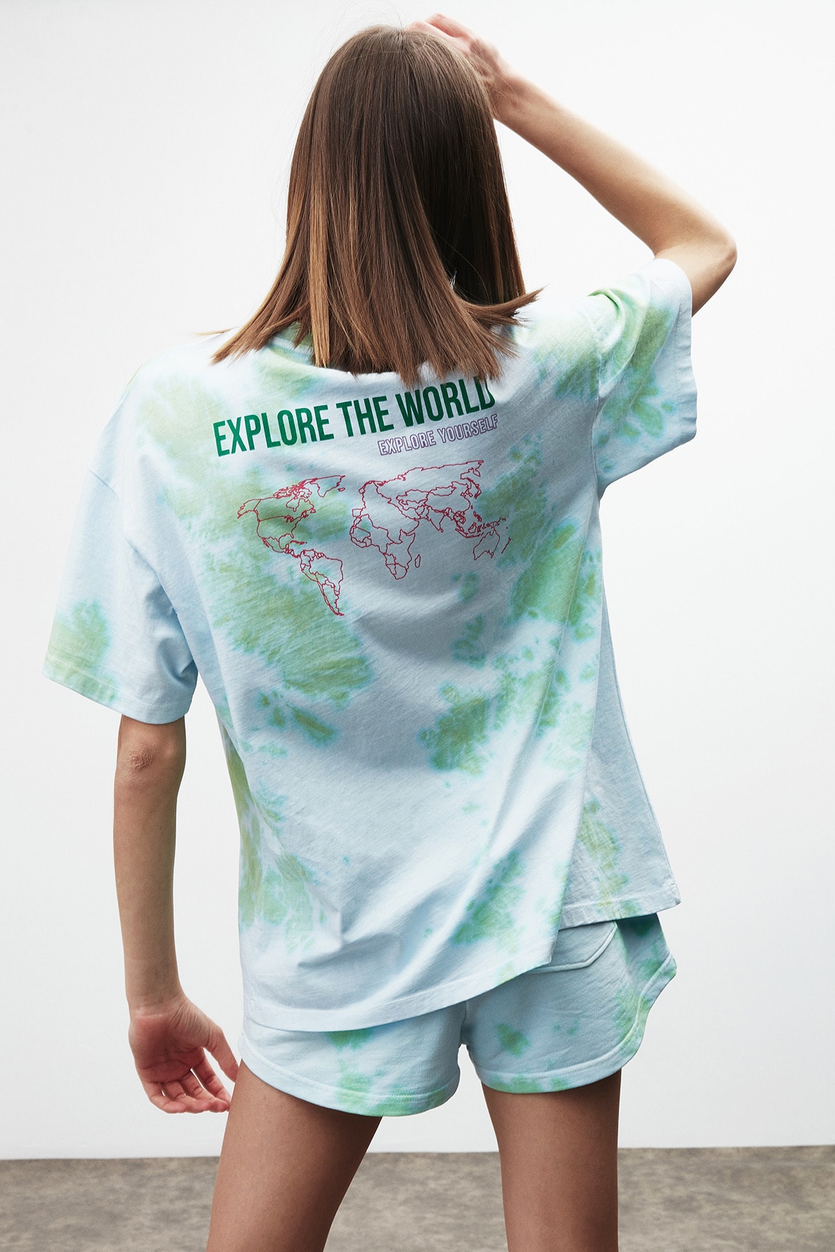 GRIMELANGE Future Kadın Mavi Baskılı Bisiklet Yaka Oversize T-shirt