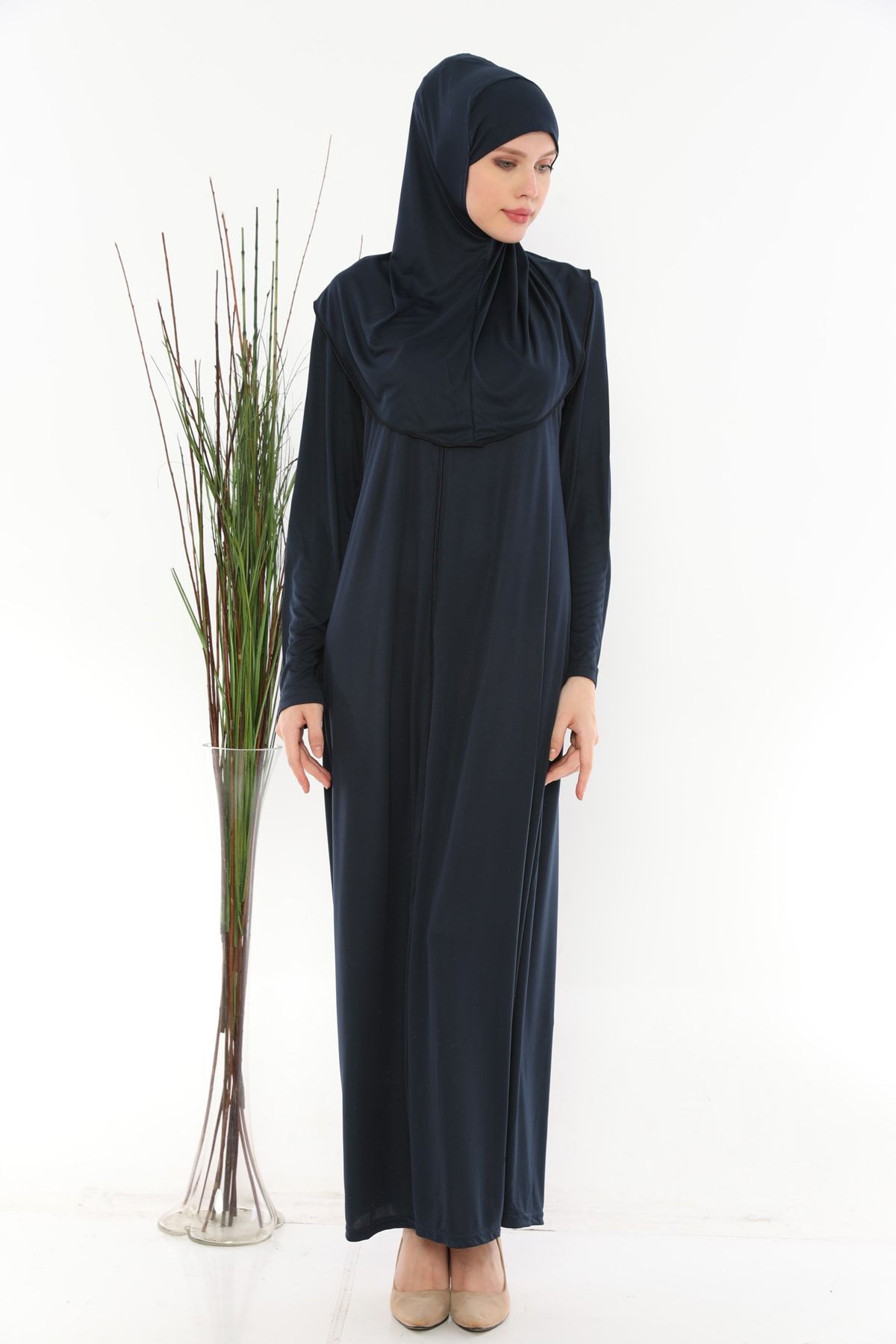 Feyza Fashion Namaz Elbisesi Fermuarlı Başörtülü Pratik Giyimli Namaz Elbisesi Lacivert