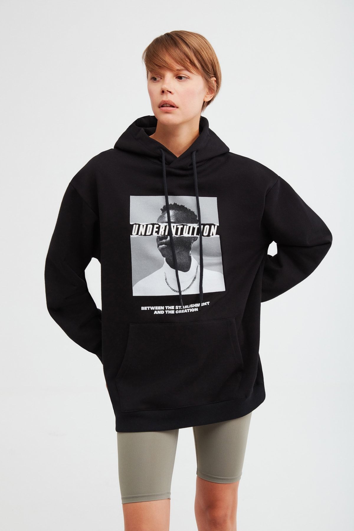 GRIMELANGE Expansıon Kadın Siyah Baskılı Kapüşonlu Ekstra Oversize Sweatshirt