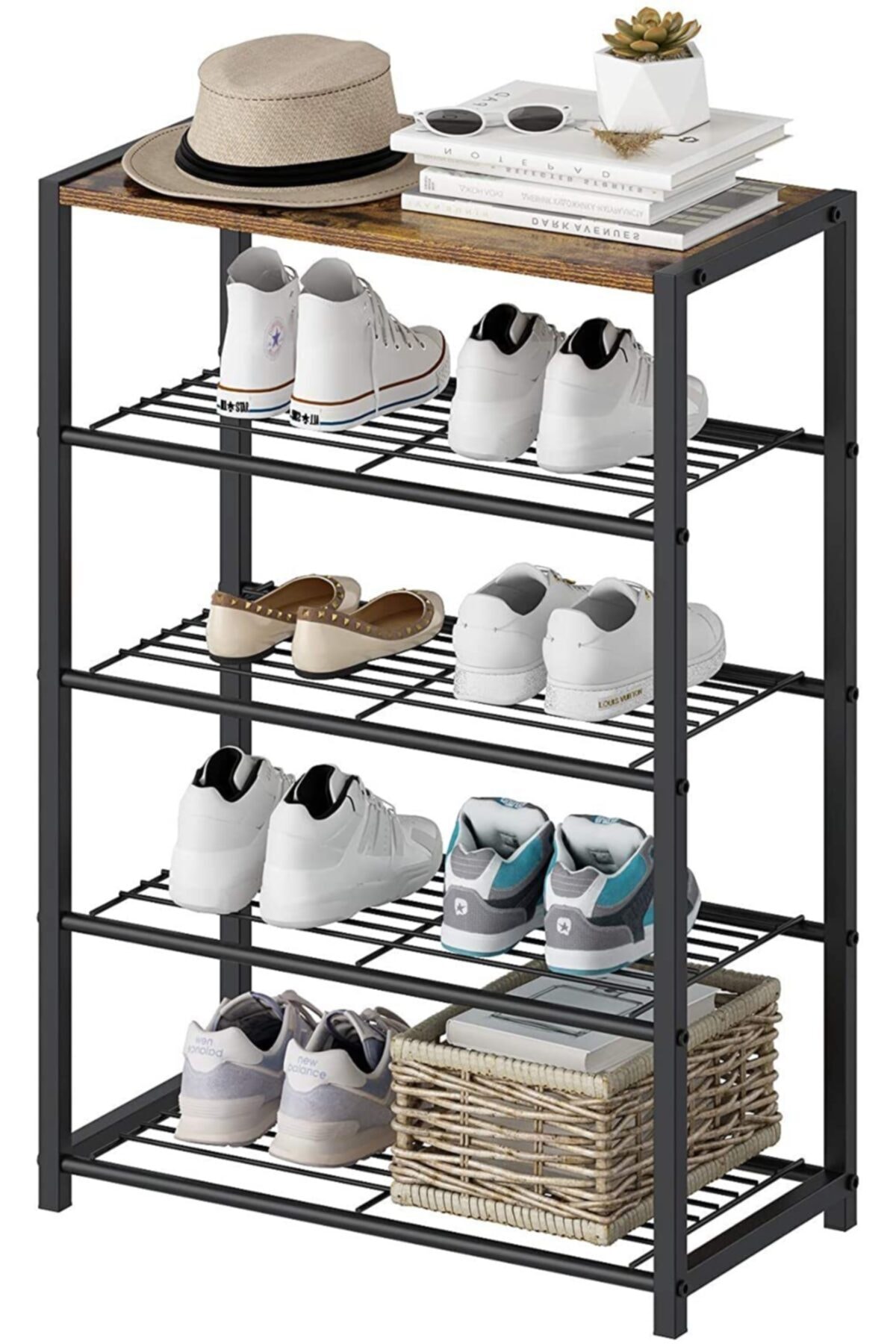 HSGLOBAL Metal Ayakkabılık , Ayakkabı Rafı, Mdf Üst Tablalı 5 Katlı Metal Ayakkabı Rafı, Modern Ayakkabılık