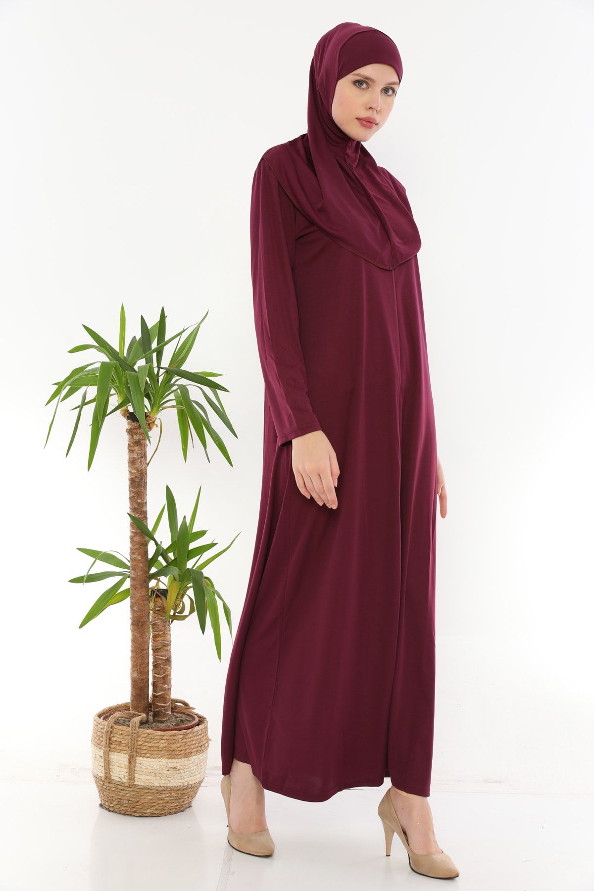 Feyza Fashion Namaz Elbisesi Fermuarlı Başörtülü Tek Parça Namaz Elbisesi Mürdüm