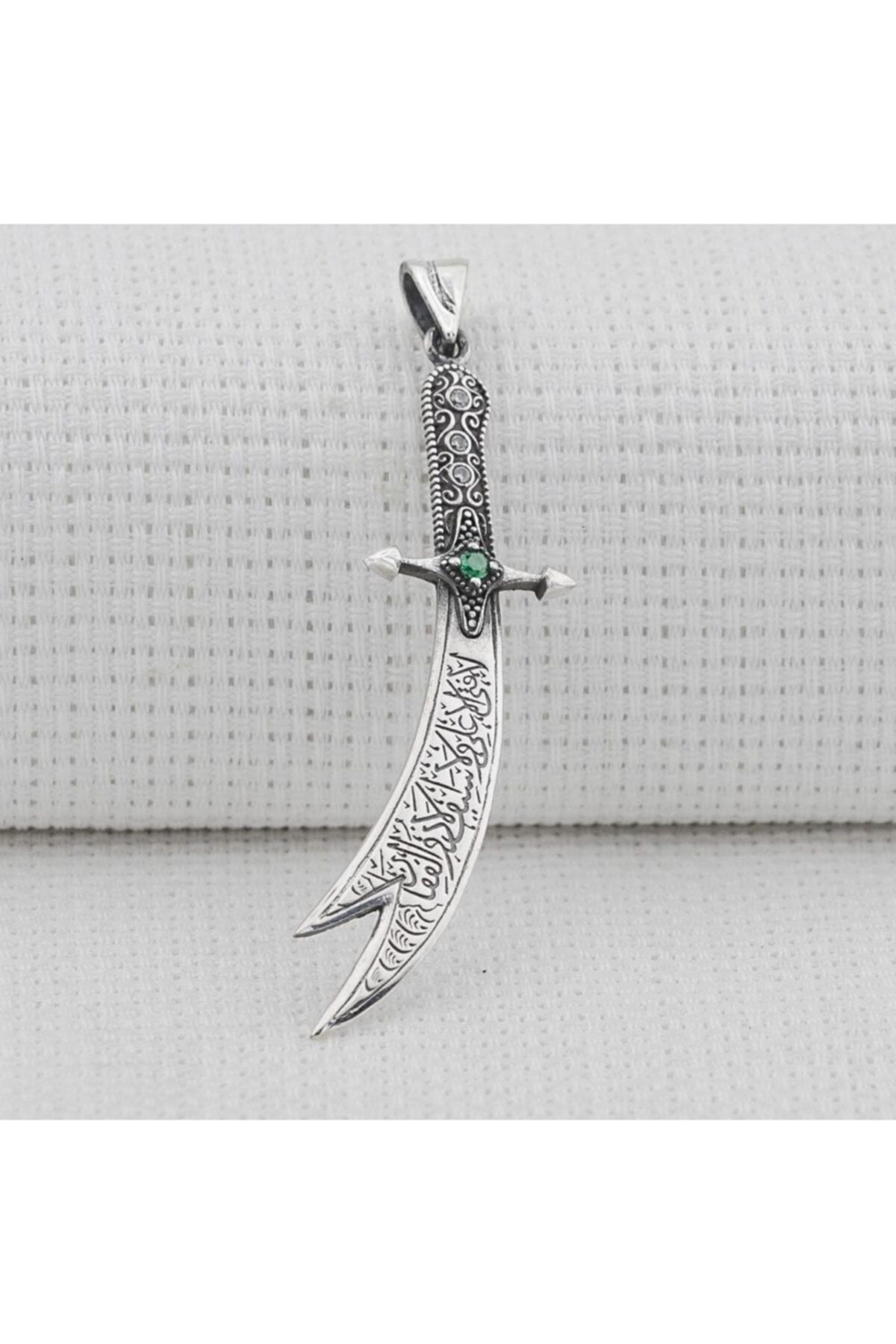 Takıhan Yeşil Taşlı Zülfikar Kılıç Tasarımlı 925 Ayar Gümüş Kolye Ucu