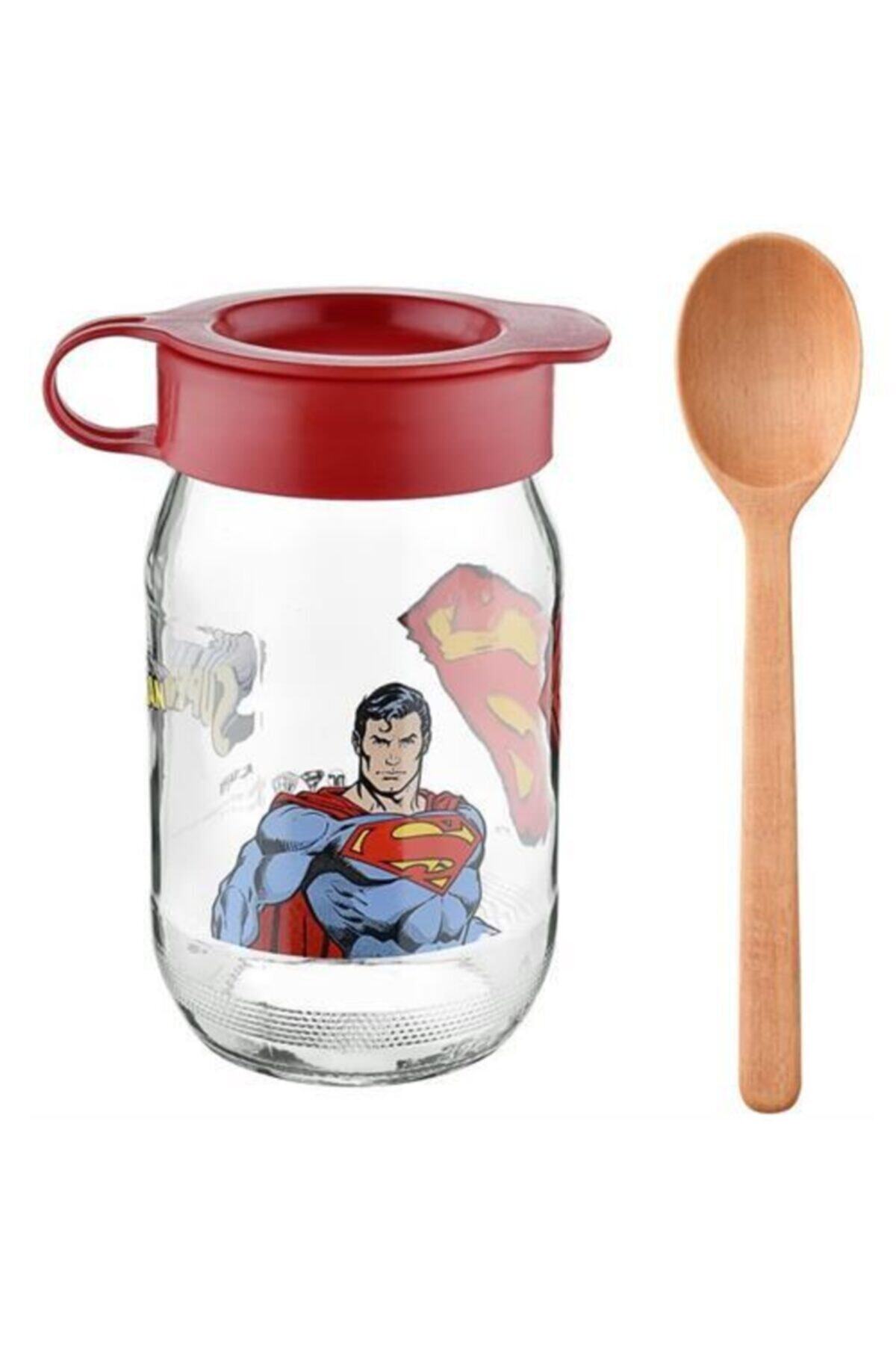KaktüsKedi Superman Cam Yiyecek Kavanozu Ahşap Kaşık Hediyeli 714107