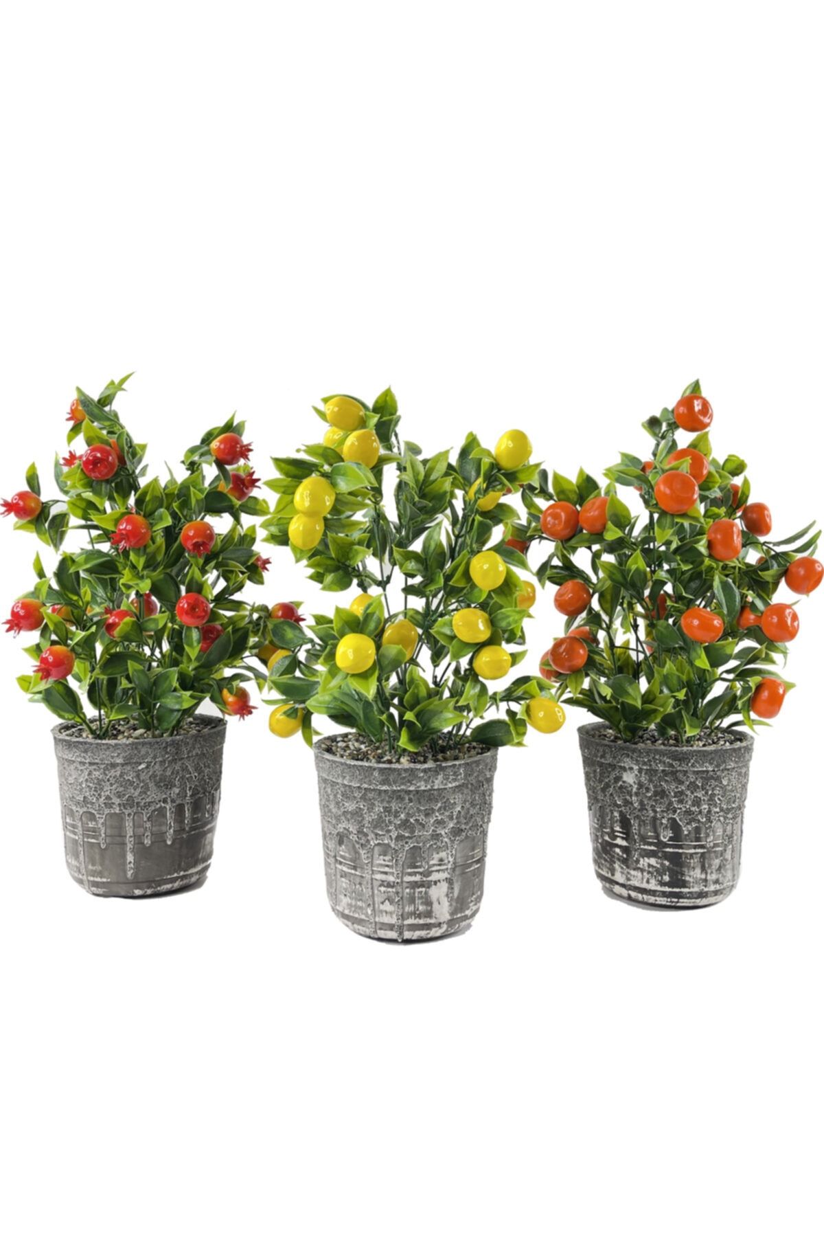 Nettenevime Yapay Çiçek 3 Adet Gri Seramik Saksıda Limon Nar Ve Mandalina Ağacı 40cm
