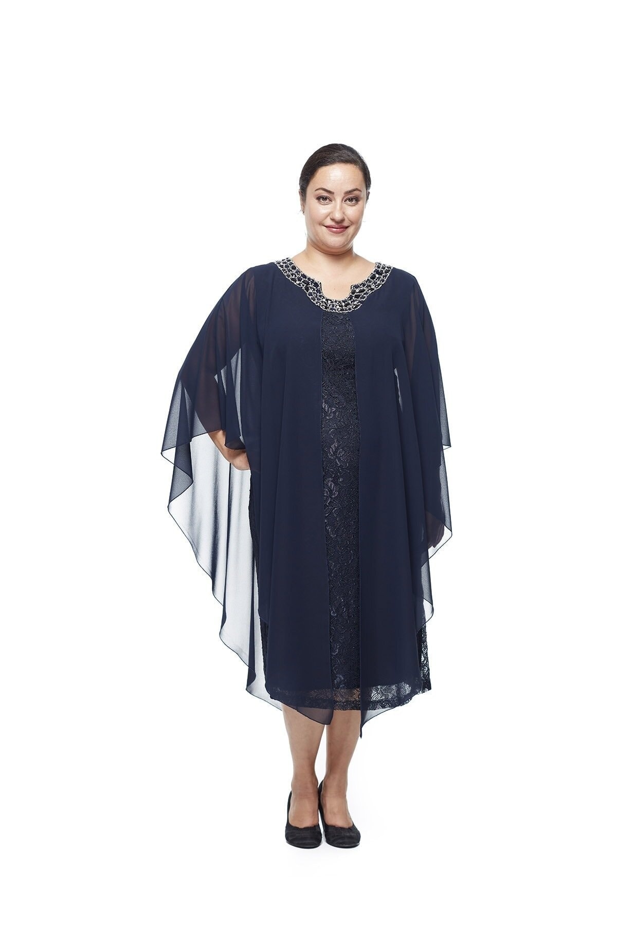 Moda Berray Yaka Taş Işlemeli Dantel Büyük Beden Elbise Lacivert