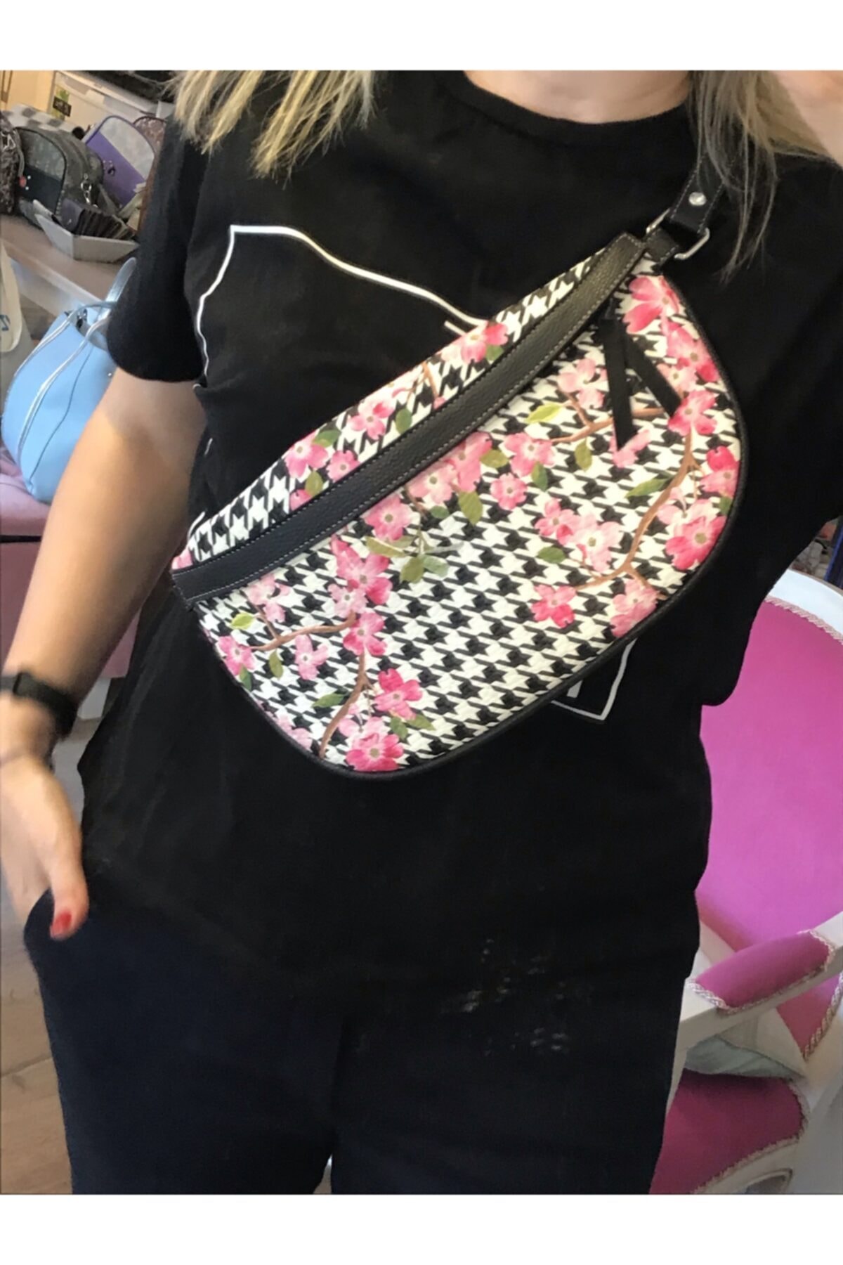 Pinkylola Design Moon Model Suni Deri Çiçek Desenli Bel & Omuz & Gögüs Çantası