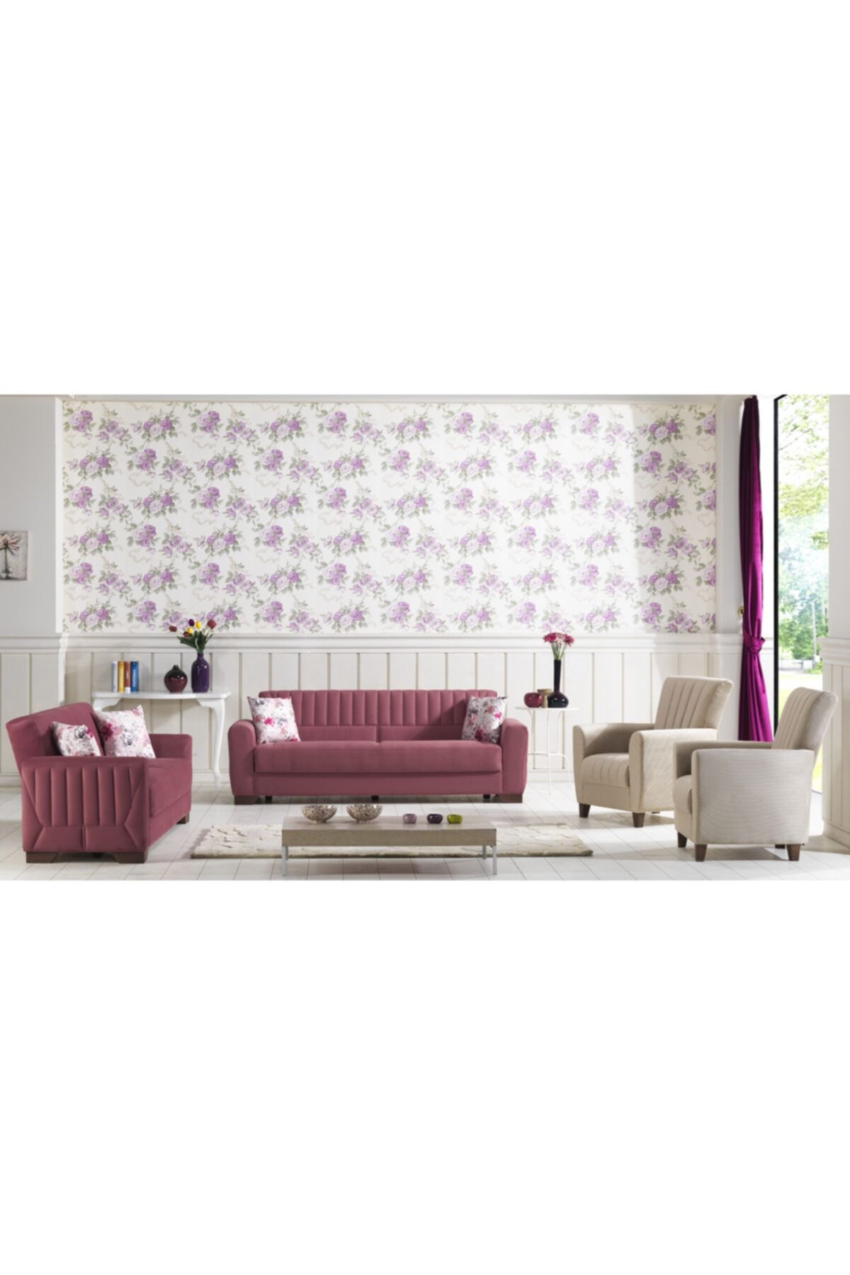 ipek mobilya Forever Oturma Gurubu 3+3+1+1 ( Gül Kurusu - Krem )