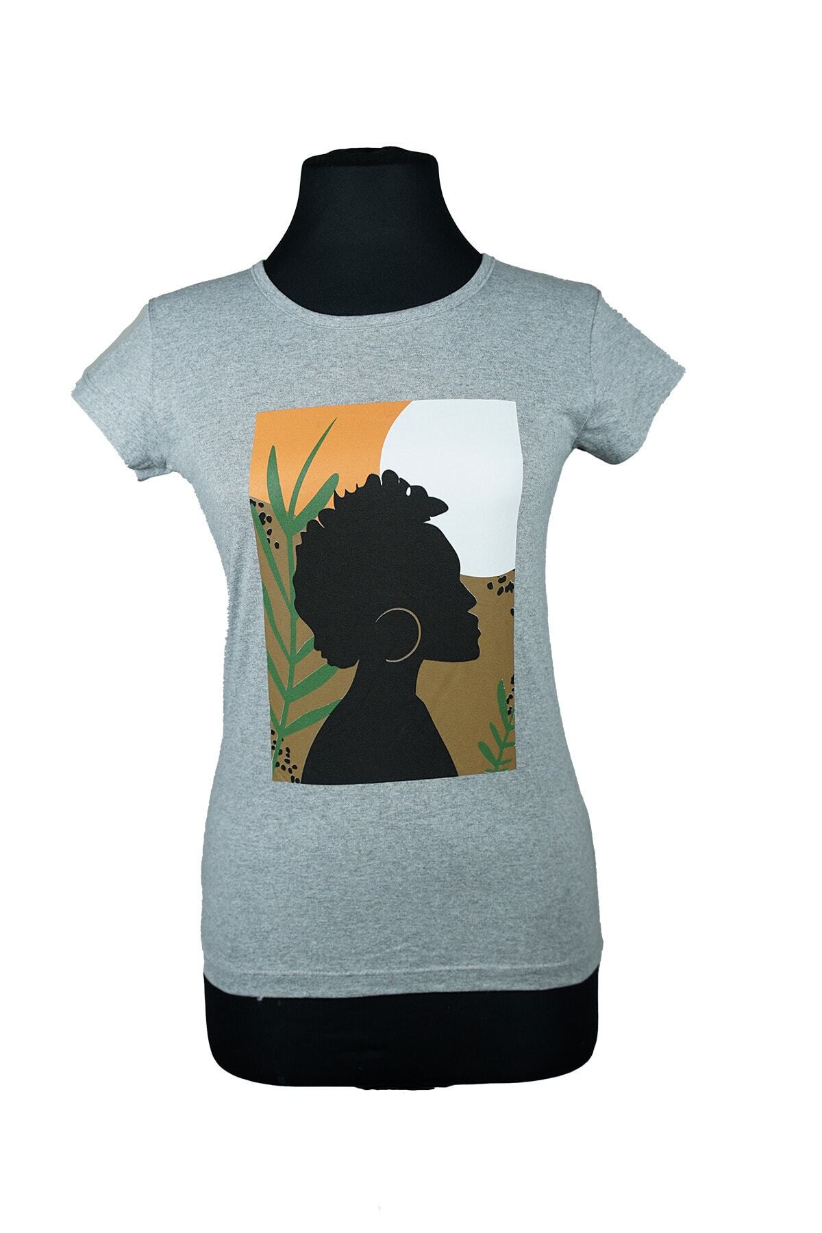Knidos Butik Gri Kadın Desenli Bayan T-shirt