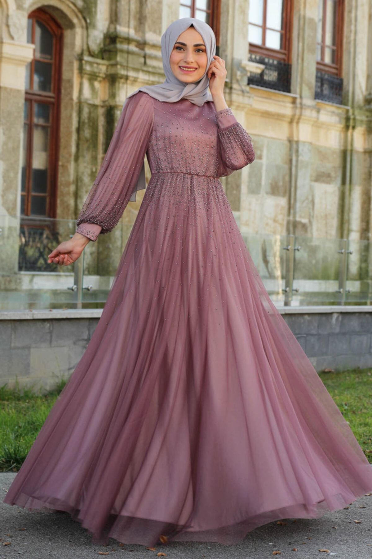 Feiza Collection Taş Detaylı Tesettür Abiye Elbise Gül Kurusu