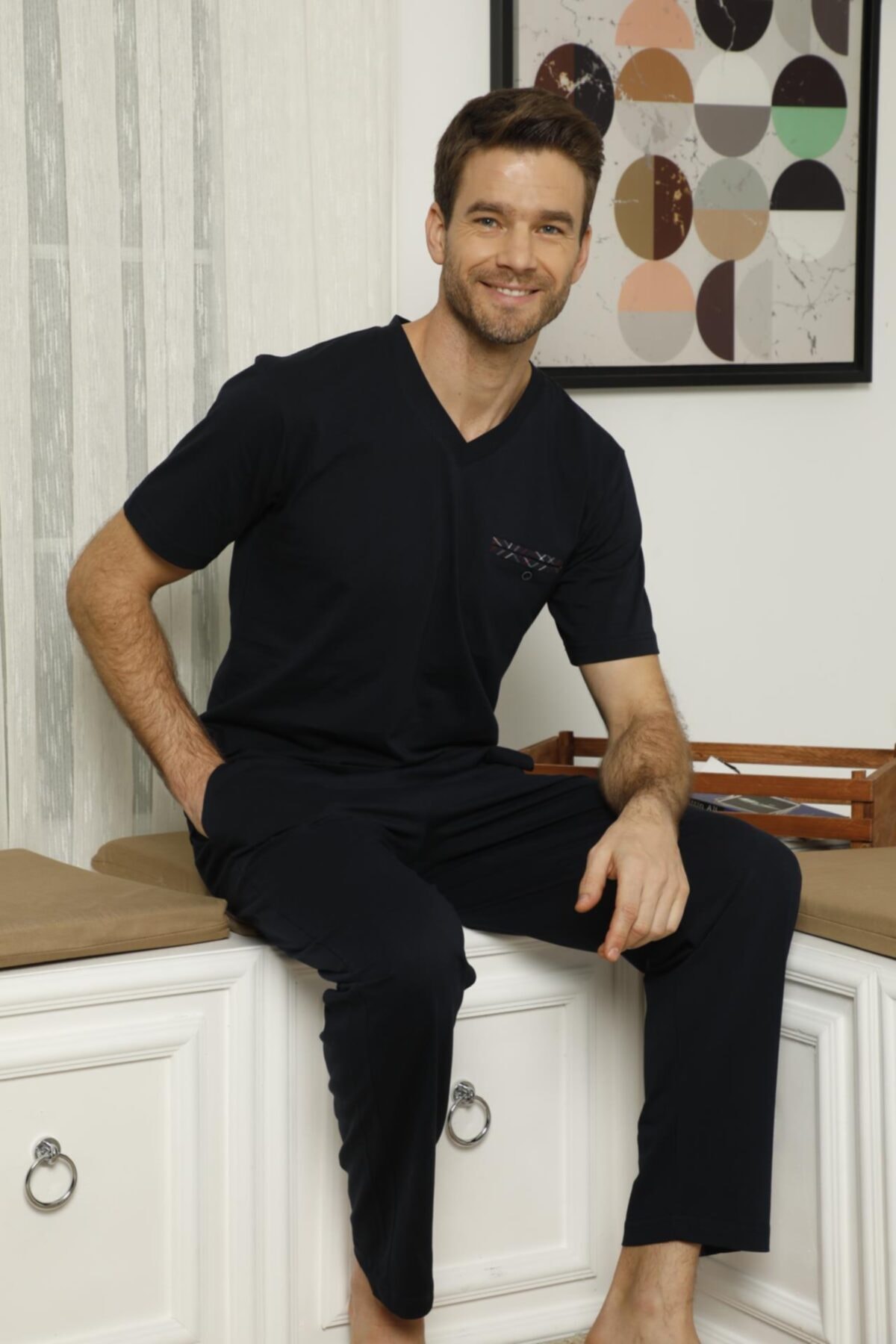 Kocabey 7608 Erkek V Yaka Poplin Şortlu 3 Lü Pijama Takım