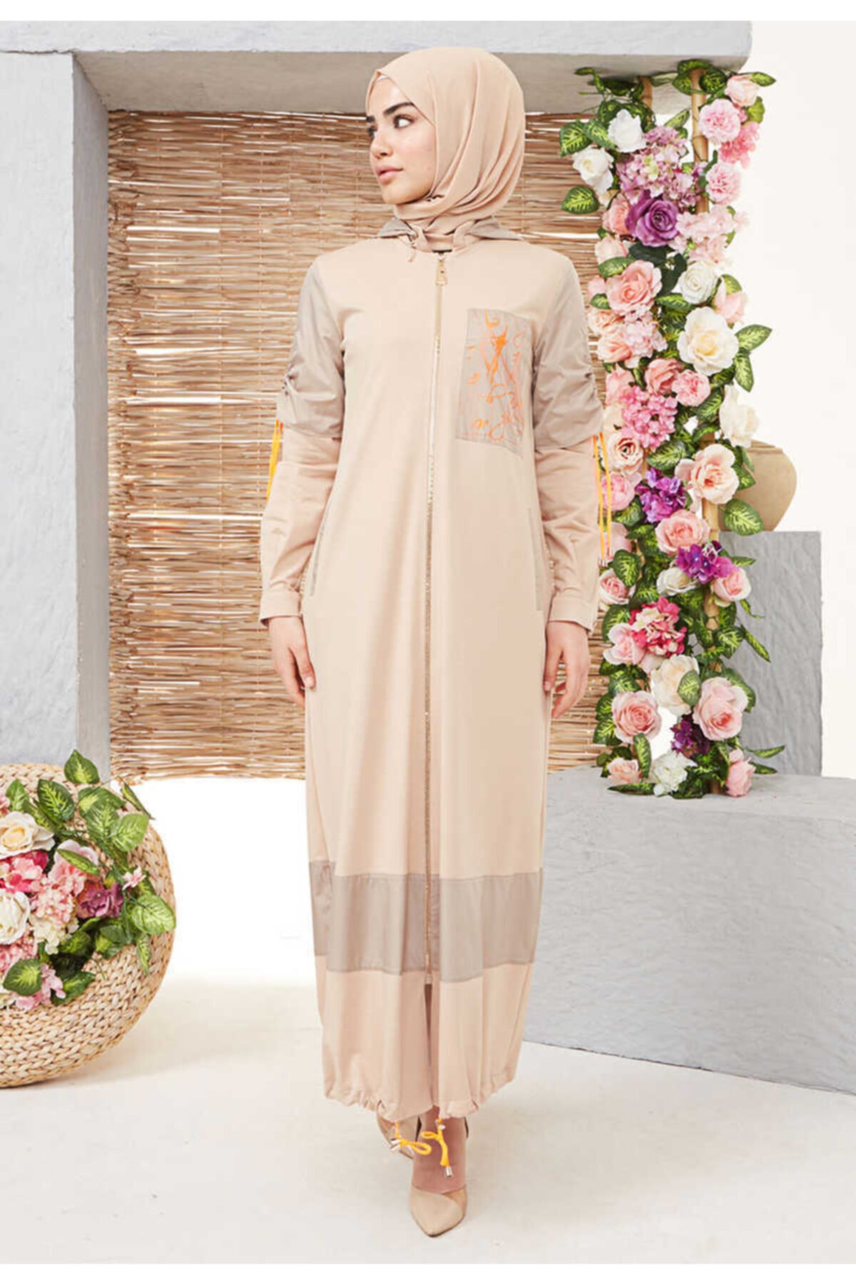 Setrms 2122031 Bej Baskı Detay Rahat Kalıp Kapüşonlu Spor Pardösü