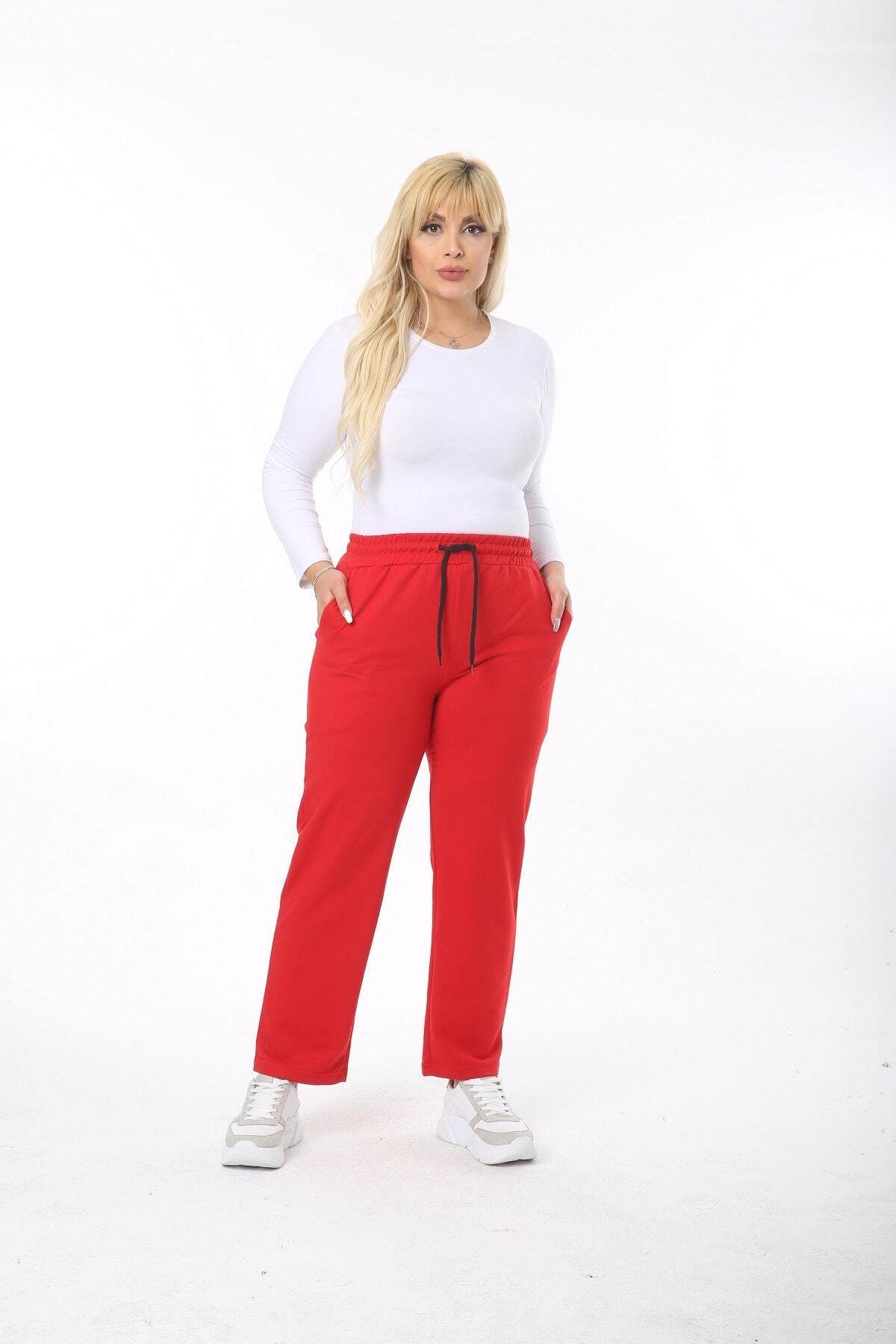 Butik Şımarık Kadın Büyük Beden Basic Boru Paça Kırmızı Renk Iki Iplik Pamuklu Kumaş Eşofman Altı
