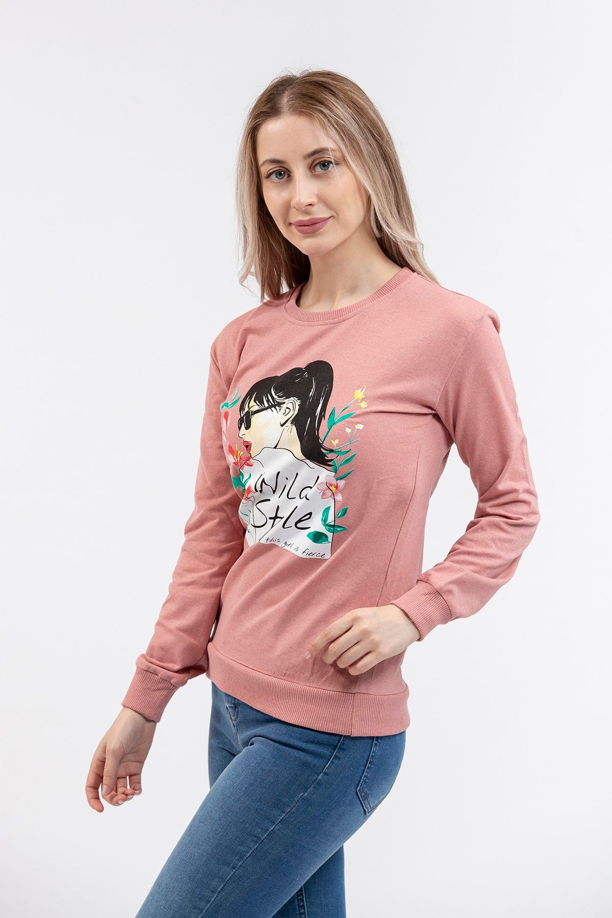 GİYSA Kadın Baskılı Iki Iplik Örme Pudra Sweat 19724