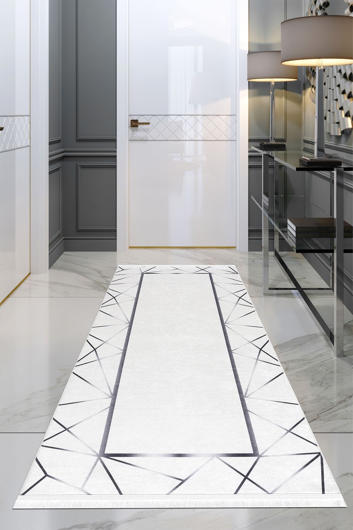 Aylem Home Dekoratif Yolluk Özel Kaymaz Taban Beyaz Siyah Desenli Saçaklı
