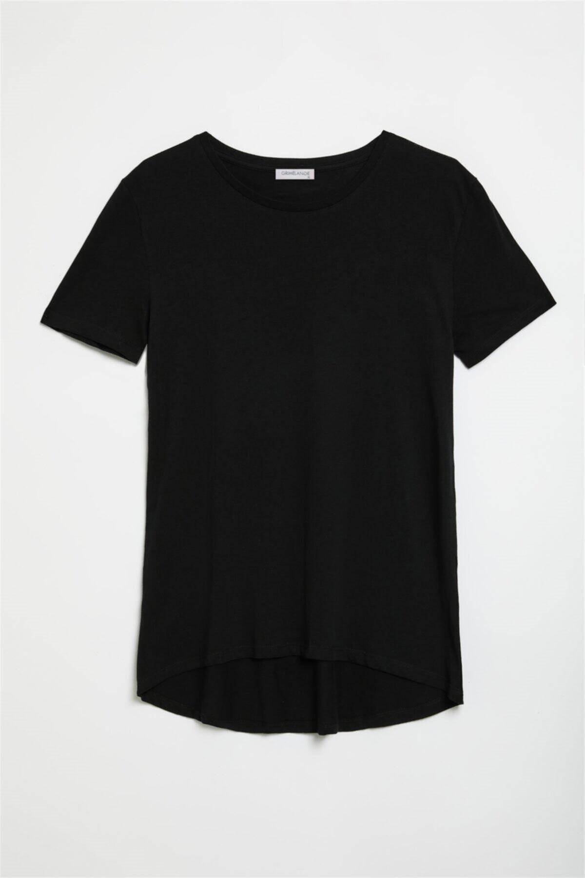 GRIMELANGE Samantha Kadın Siyah Düz Renk Bisiklet Yaka Comfort T-shirt