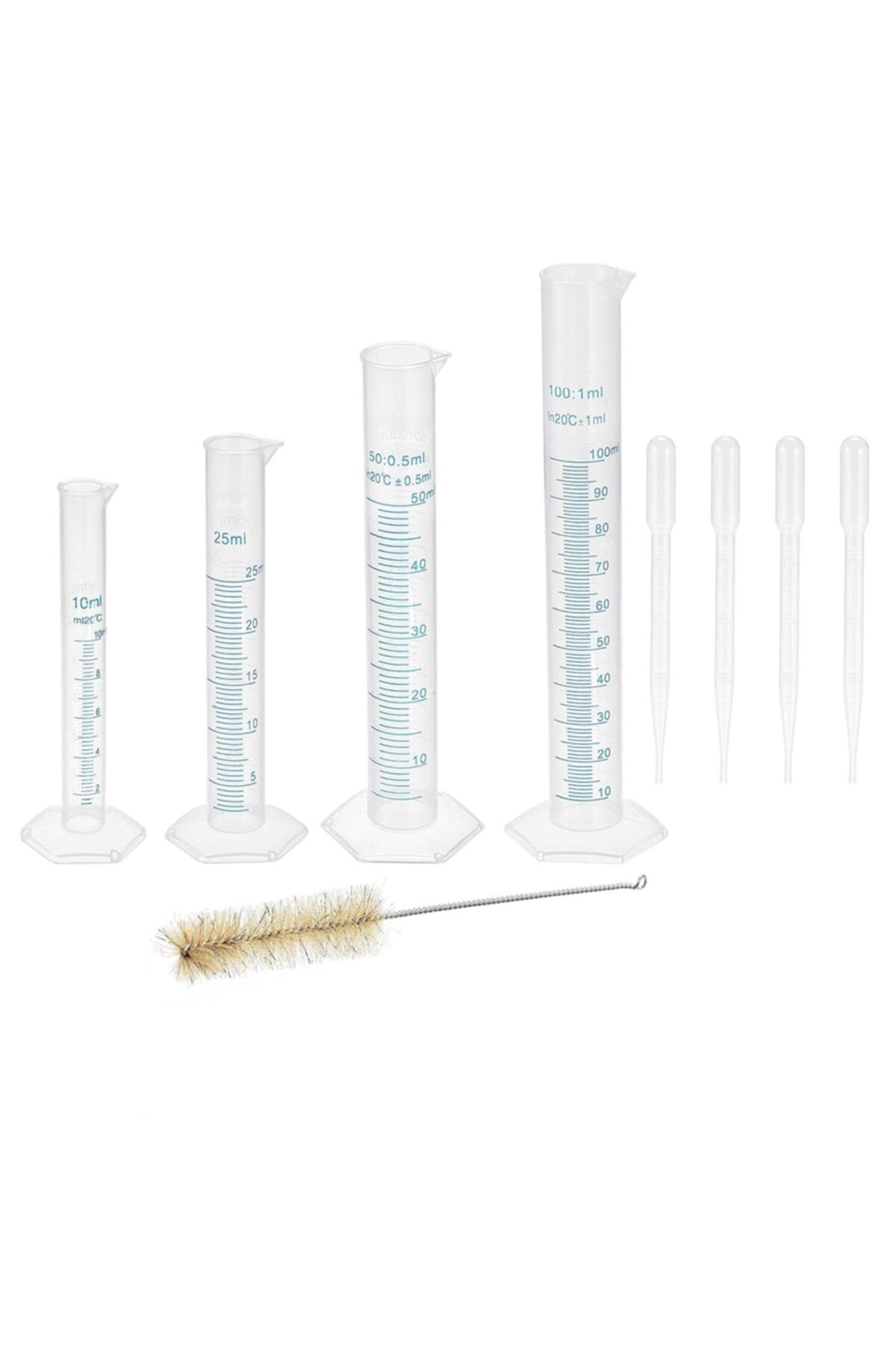 OkulStore Plastik Mezür Seti (10ml - 25ml - 50ml - 100ml) + Fırça Ve Pipetler
