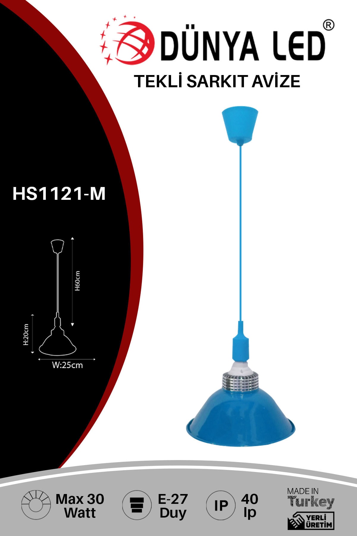 DÜNYA LED Hs.1121-m Tekli Sarkıt Avize Mavi Salon Cafe Çocuk Odası Hol Ofis Aydınlatması