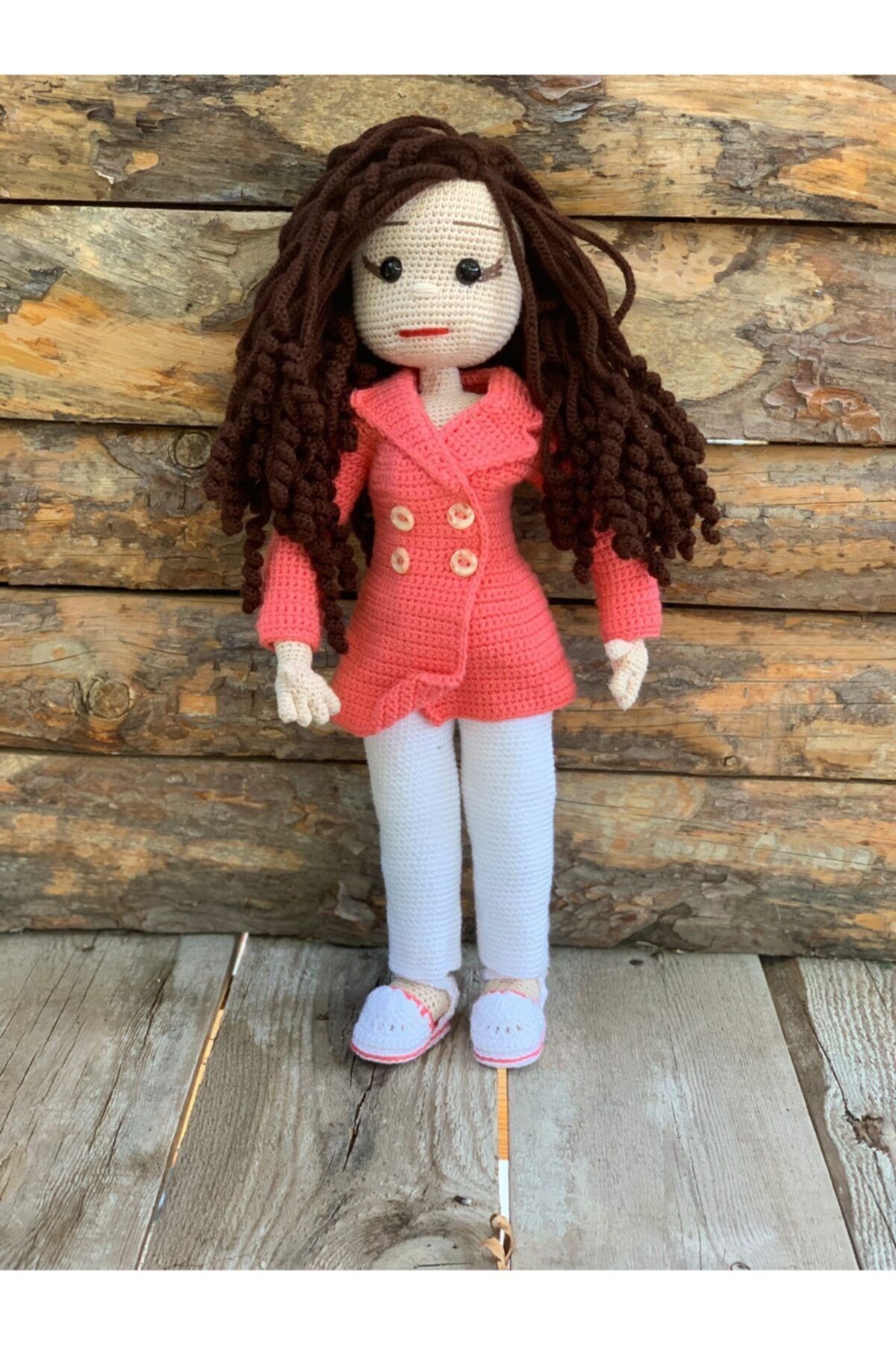 MeltemDesign Pembe Ceket Beyaz Pantolonlu Amigurumi Bebek