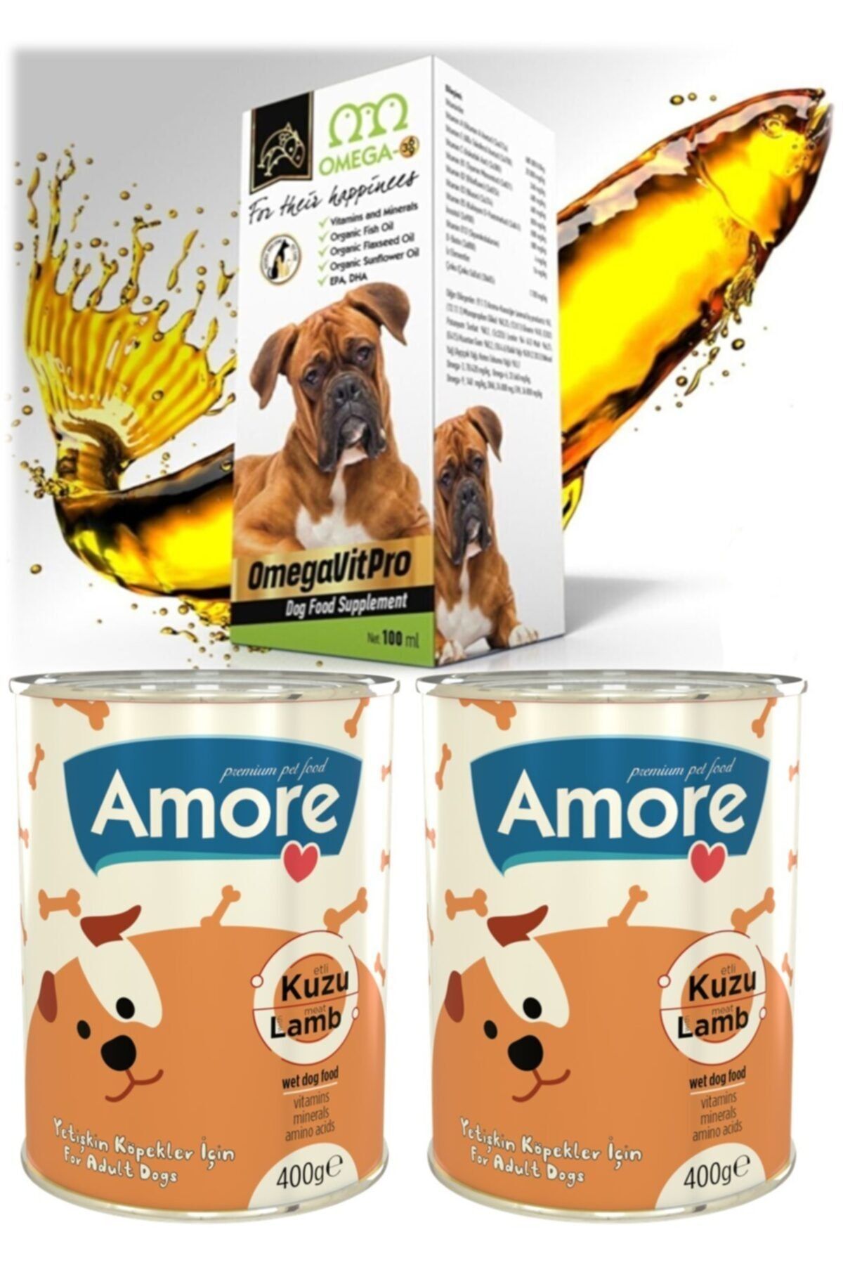 AMORE Omegavitpro Somon Balık Yağı 100ml + Doglamb Kuzu Parça Etli Köpek Konservesi 2x400g