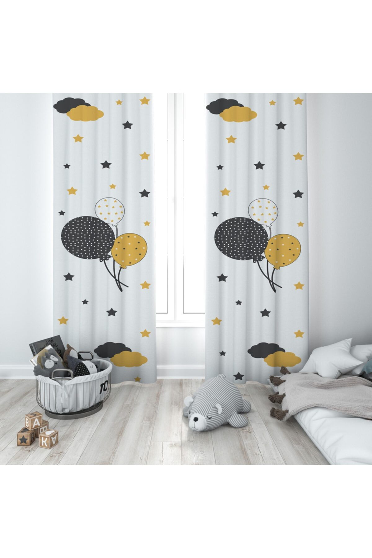 RONNA HOME Bebek Ve Çocuk Odası Yıldızlı Bulutlu Balonlu Fon Perde Rnnfp-002