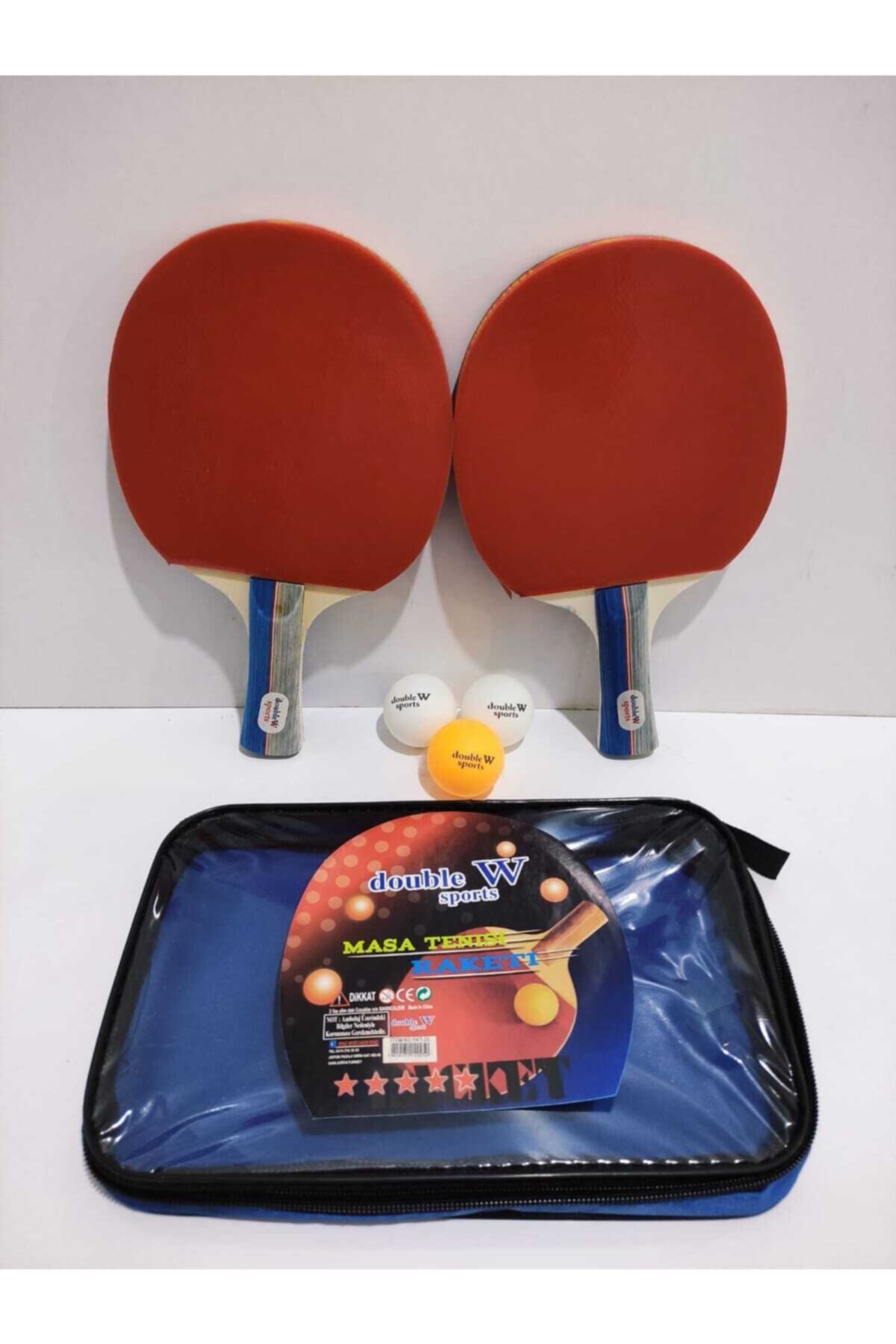 DOUBLE W SPORT Çantalı Masa Tenis Seti 2 Raket +3 Top