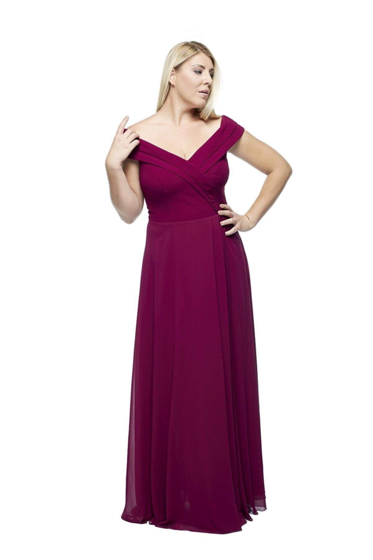 Moda Berray Düşük Omuz Şifon Büyük Beden Abiye Elbise Violet