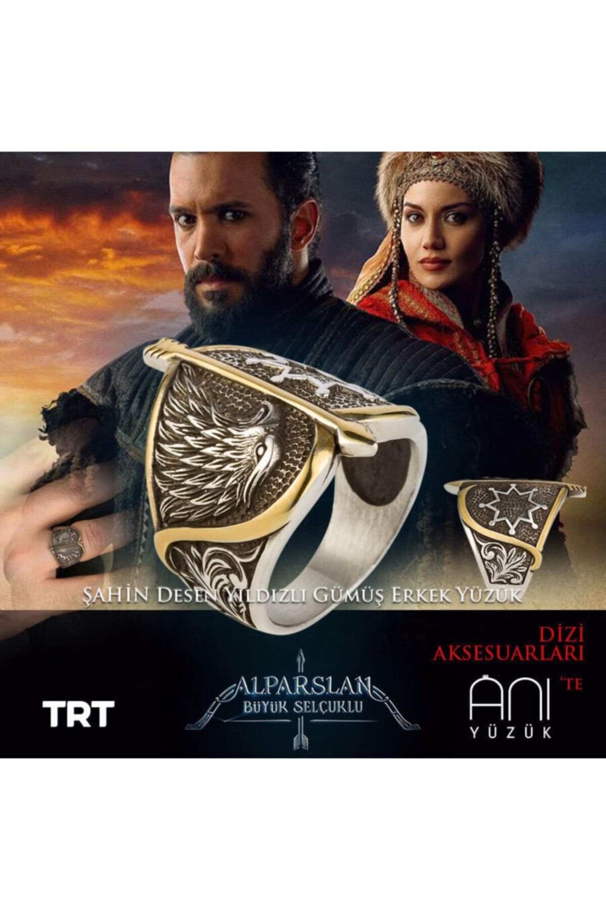 Anıtolia Lisanslı Alparslan Büyük Selçuklu Şahin Desen Yıldızlı Gümüş Erkek Yüzük