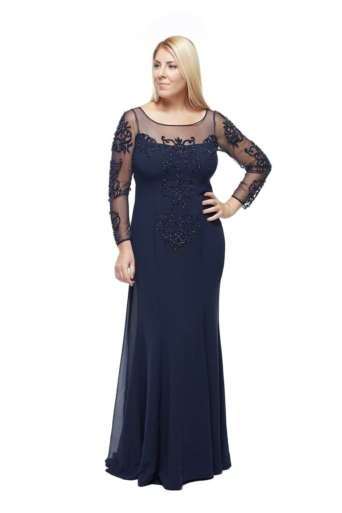 Moda Berray 8028 Uzun Kollu Arkası Şifon Kuyruklu Abiye Elbise Lacivert