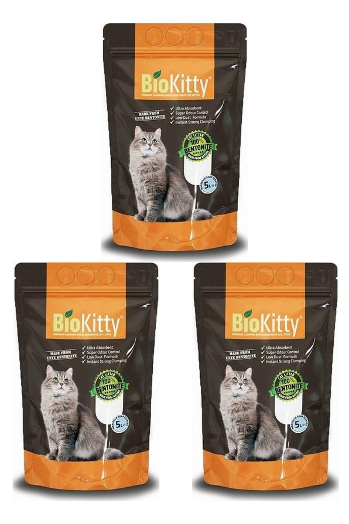 BioKitty Topaklanan Bentonit Ince Taneli Marsilya Sabunu Kokulu Premium Kedi Kumu 5 Lt. X 3ad